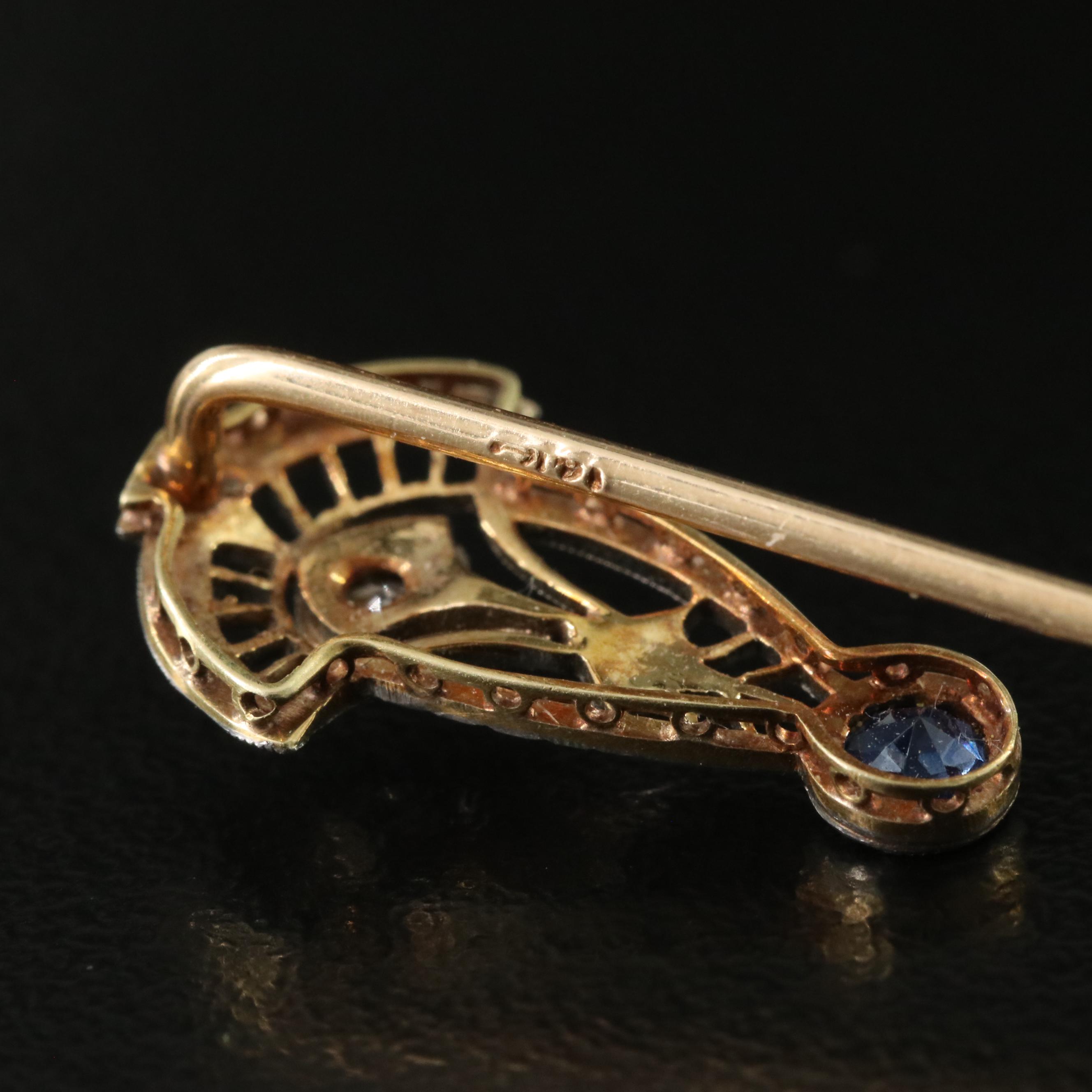 Art Deco 14K Diamond and Sapphire Stick Pin with Platinum Front Trim