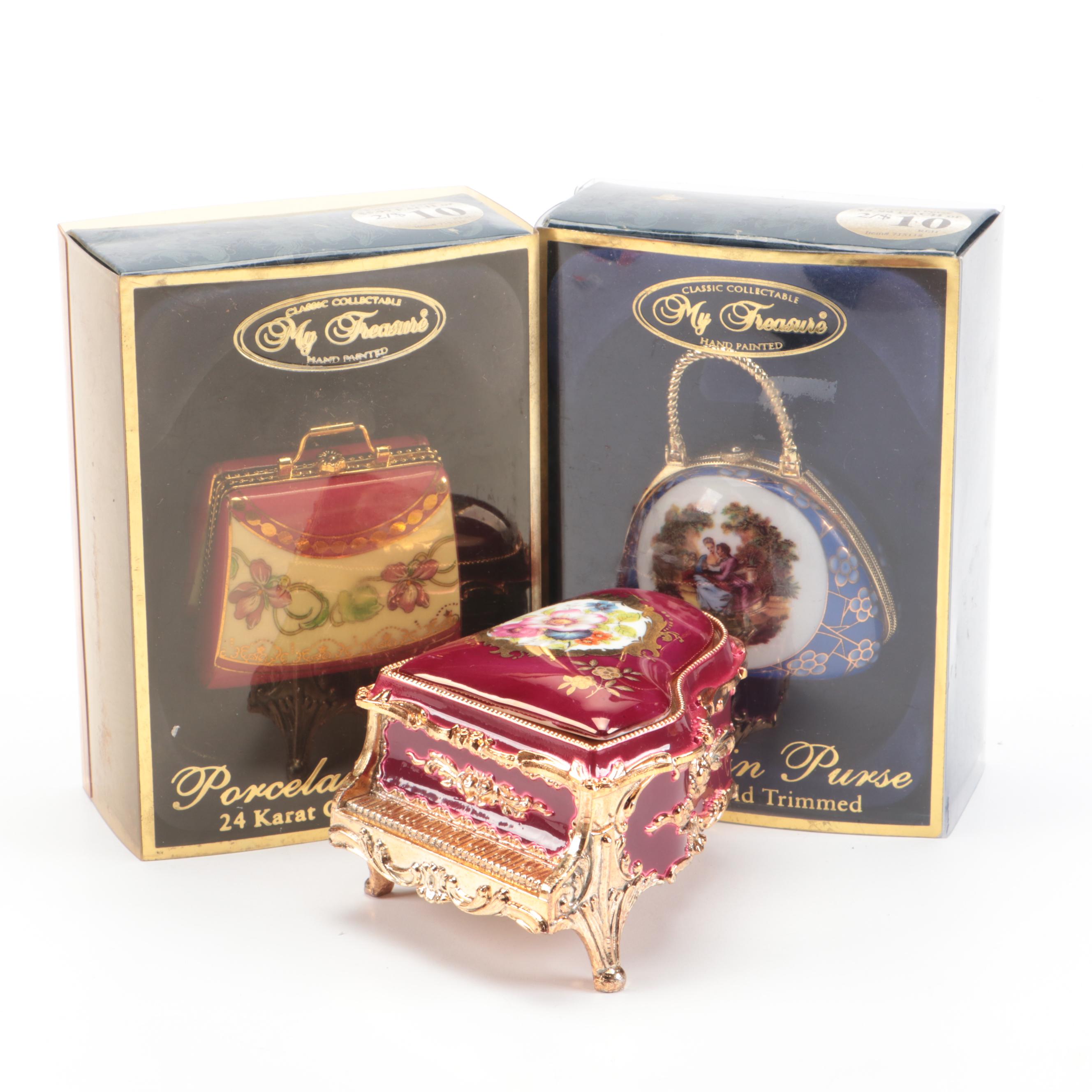 Classic Collectable My Treasure Porcelain Purse Boxes and Piano Shaped Music Box