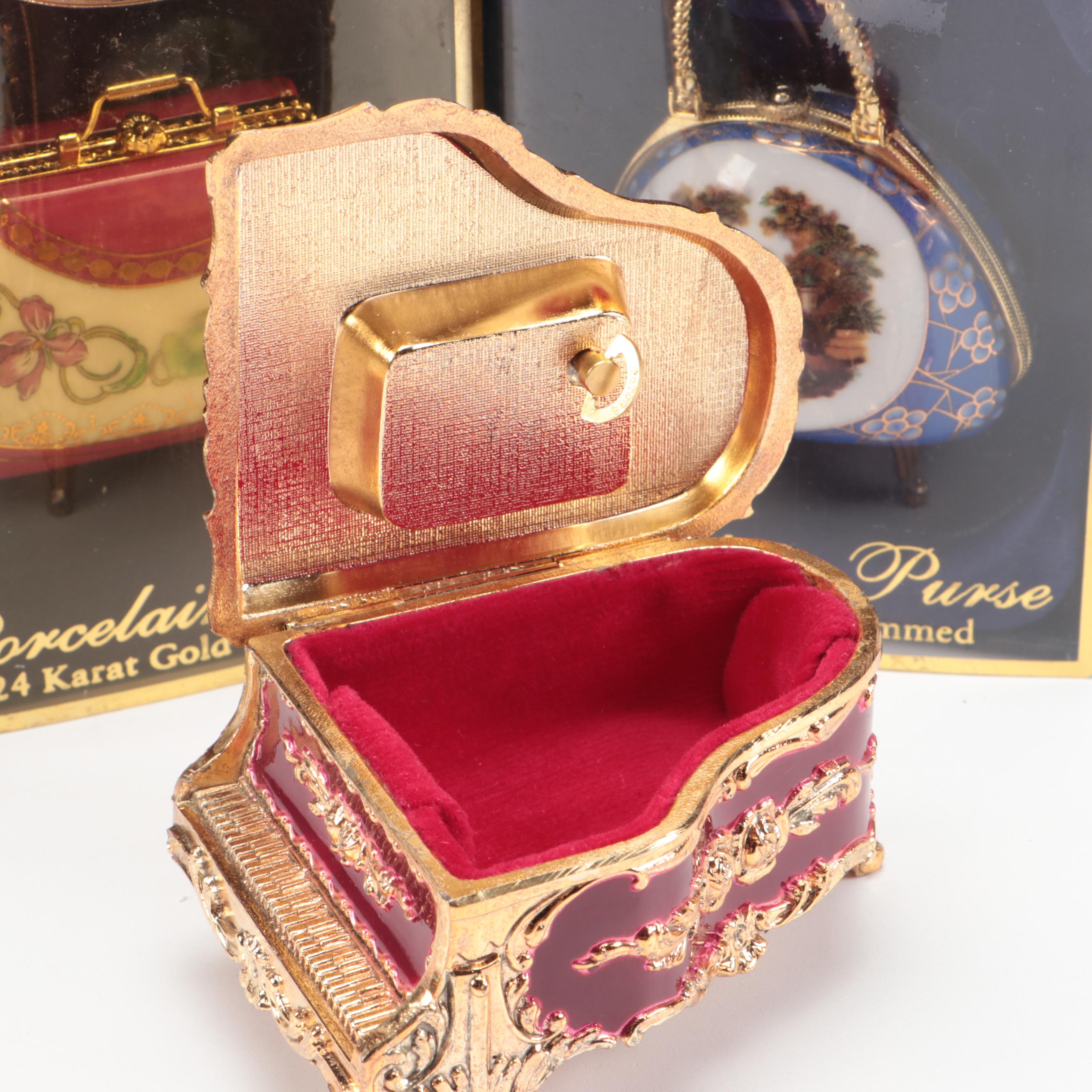 Classic Collectable My Treasure Porcelain Purse Boxes and Piano Shaped Music Box