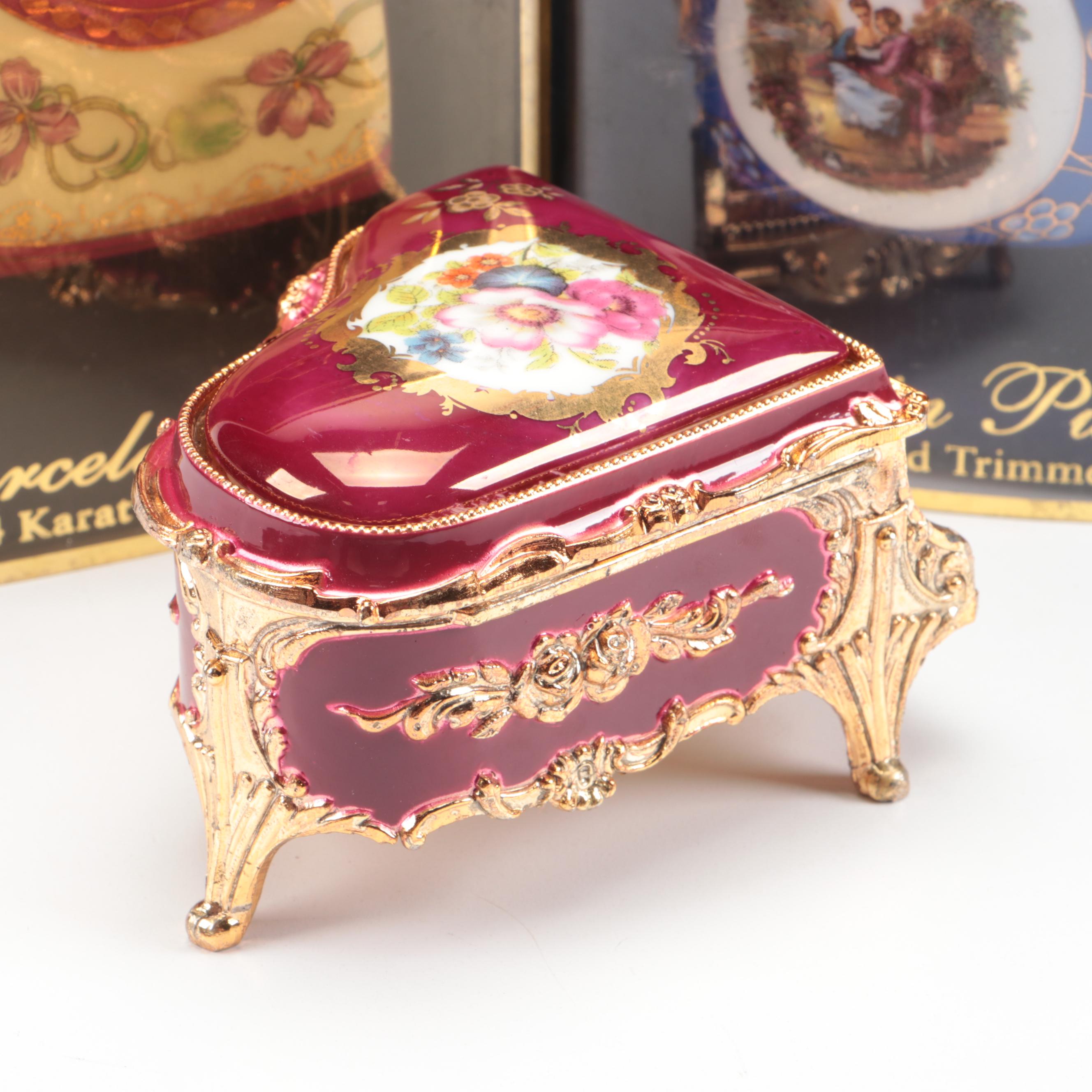 Classic Collectable My Treasure Porcelain Purse Boxes and Piano Shaped Music Box