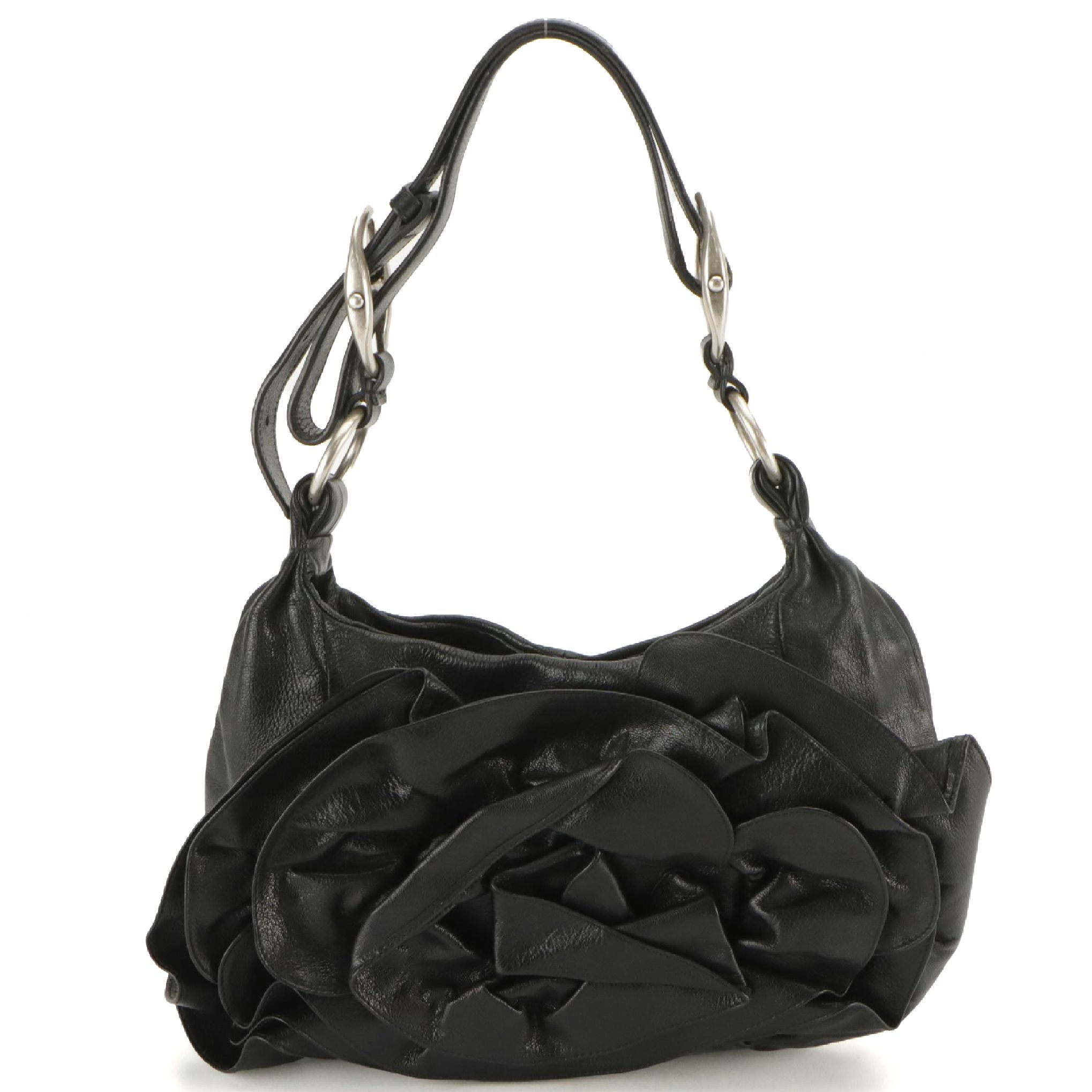 Yves Saint Laurent Nadja Rose Shoulder Bag in Shiny Black Leather