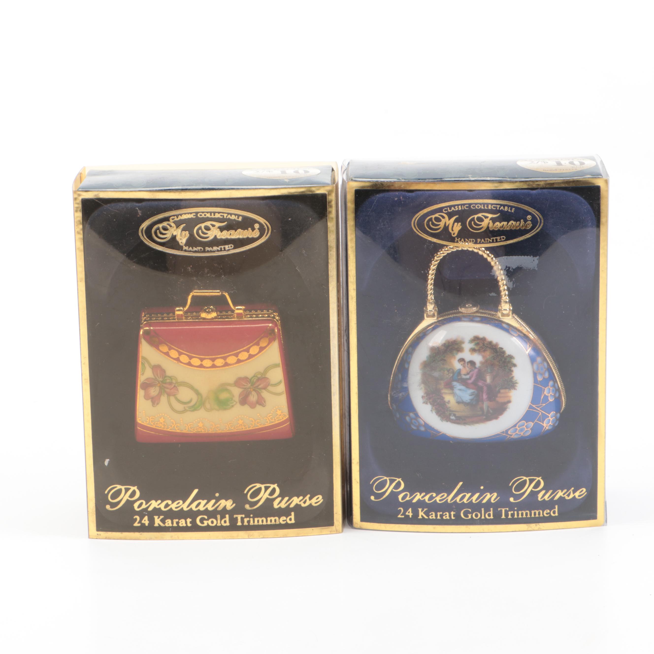 Classic Collectable My Treasure Porcelain Purse Boxes and Piano Shaped Music Box