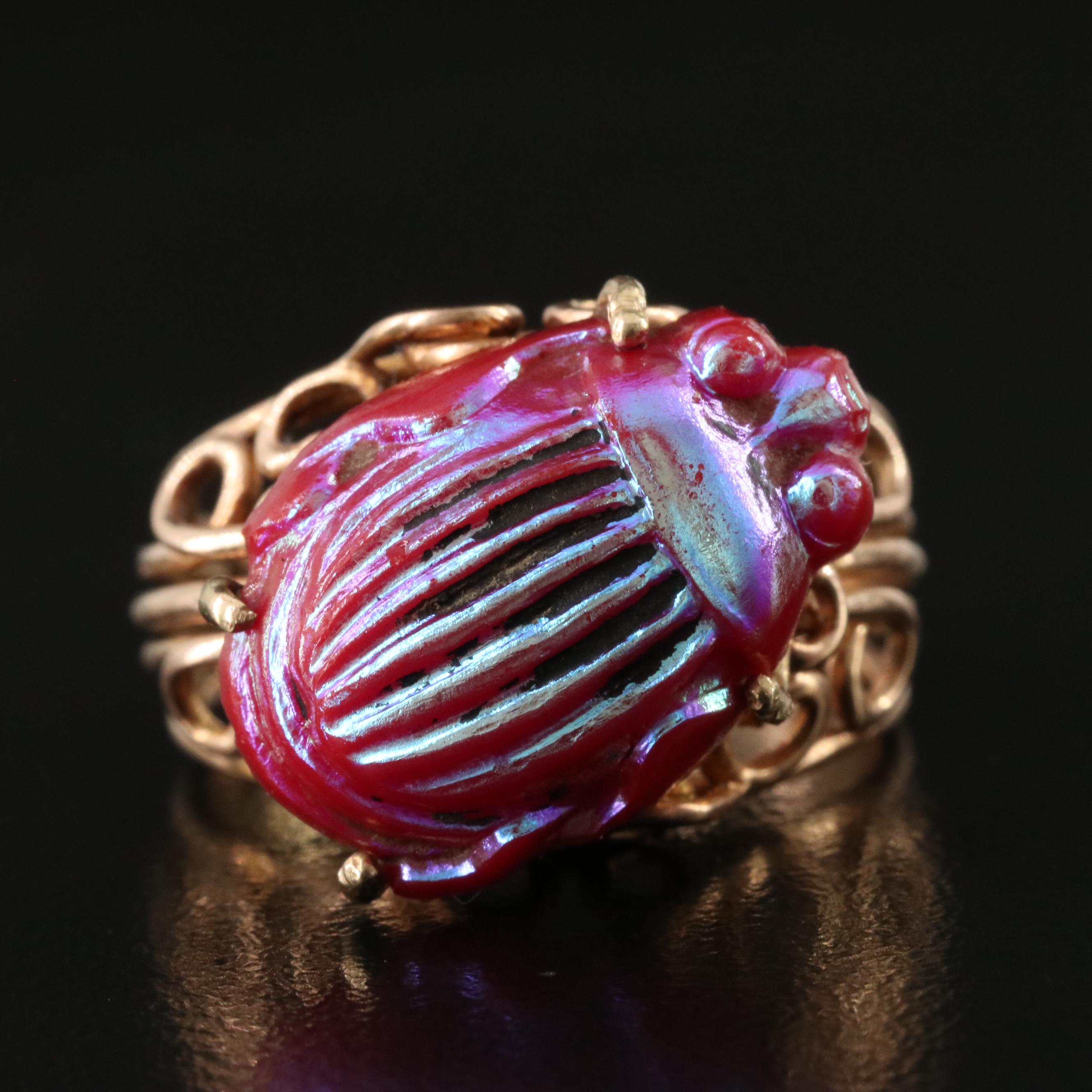 Tiffany & Co Favrile Glass Scarab in 14K Rose Gold Scroll Ring