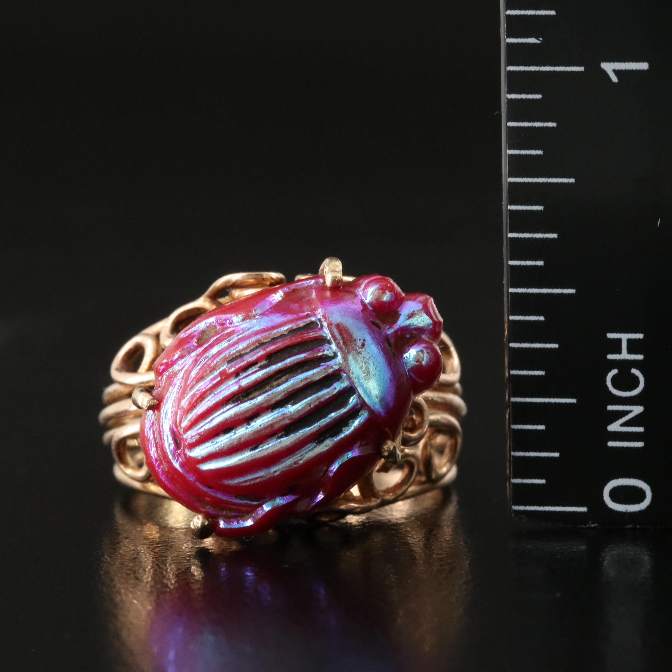 Tiffany & Co Favrile Glass Scarab in 14K Rose Gold Scroll Ring