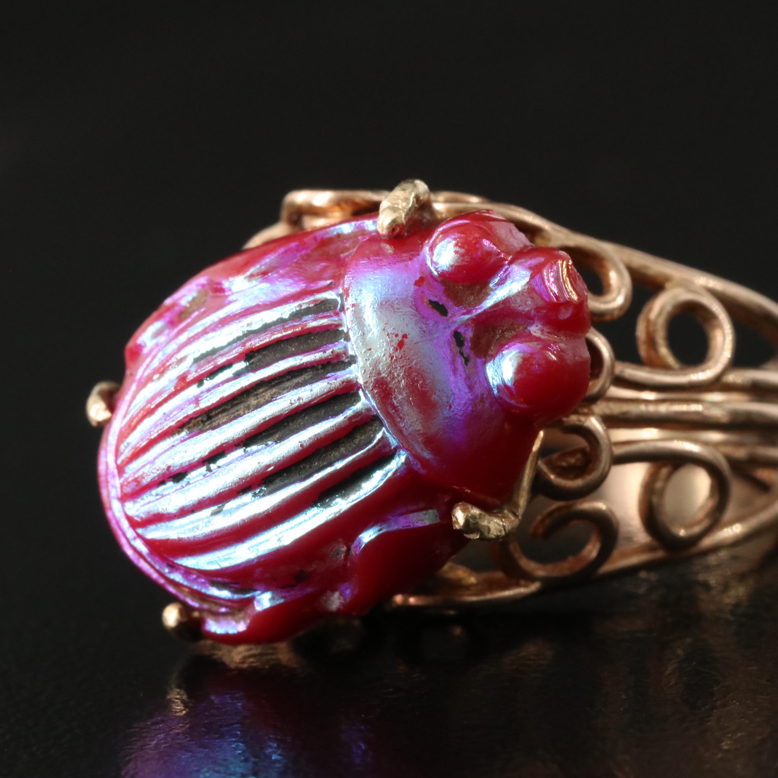 Tiffany & Co Favrile Glass Scarab in 14K Rose Gold Scroll Ring