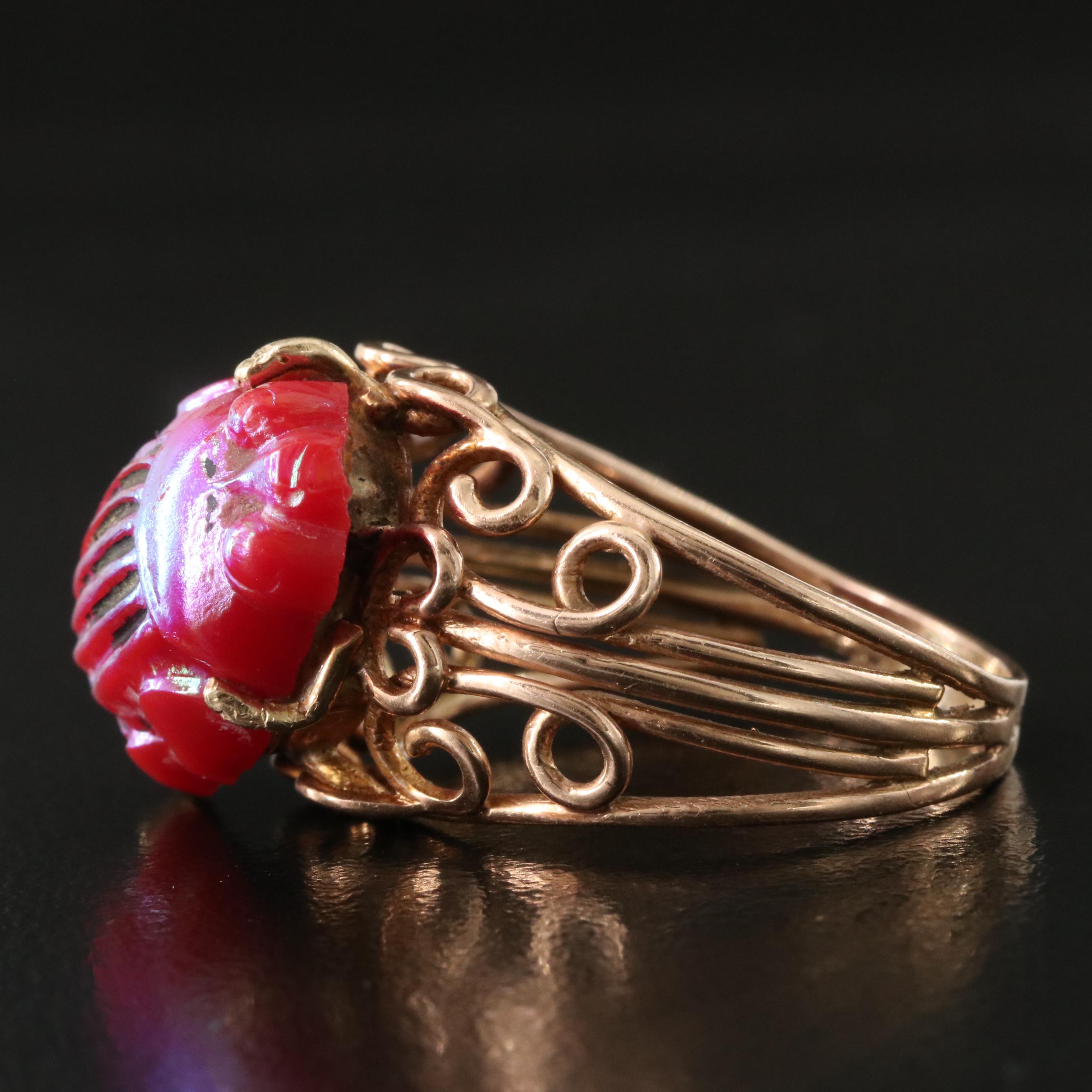 Tiffany & Co Favrile Glass Scarab in 14K Rose Gold Scroll Ring