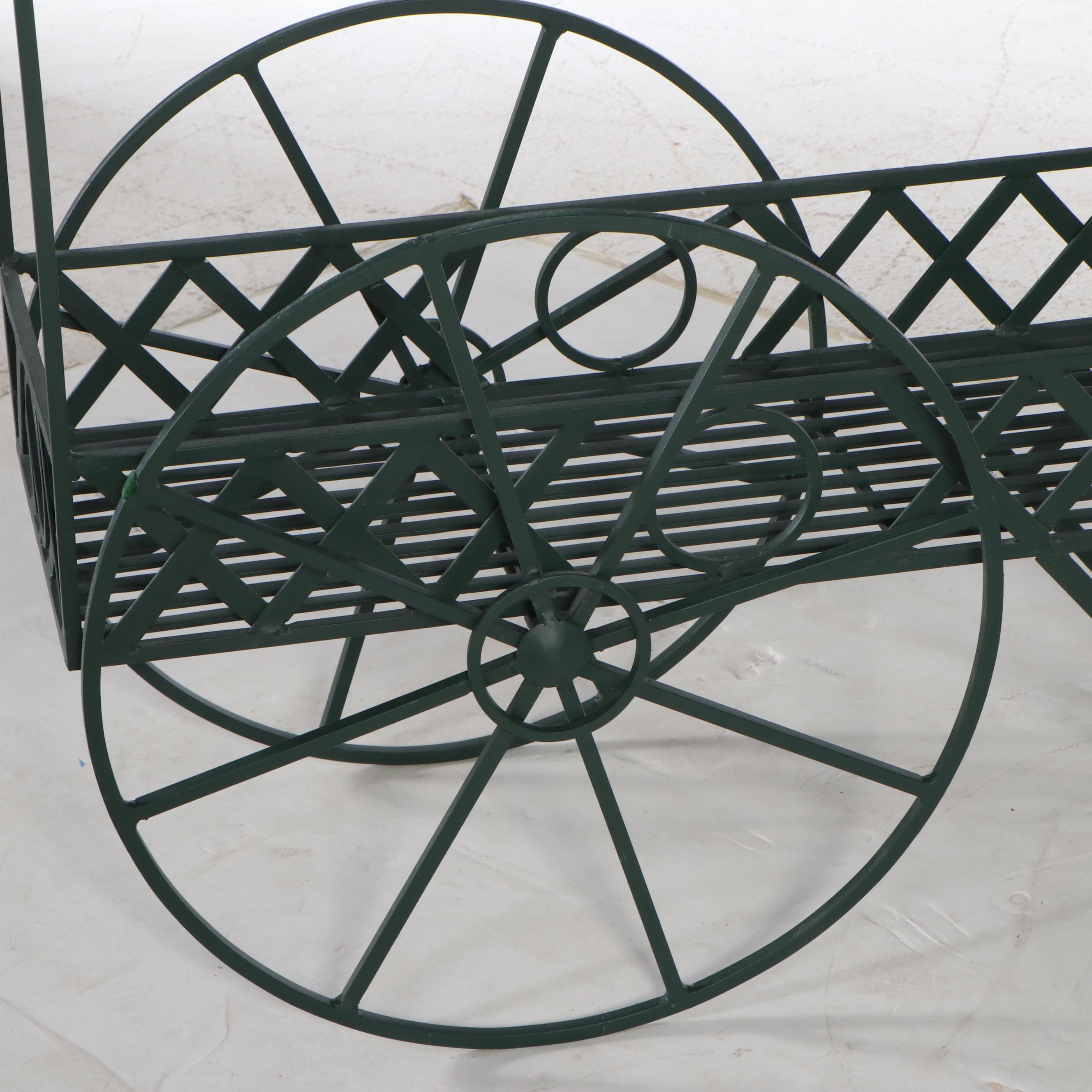Green Wrought Iron Cart Planter Stand