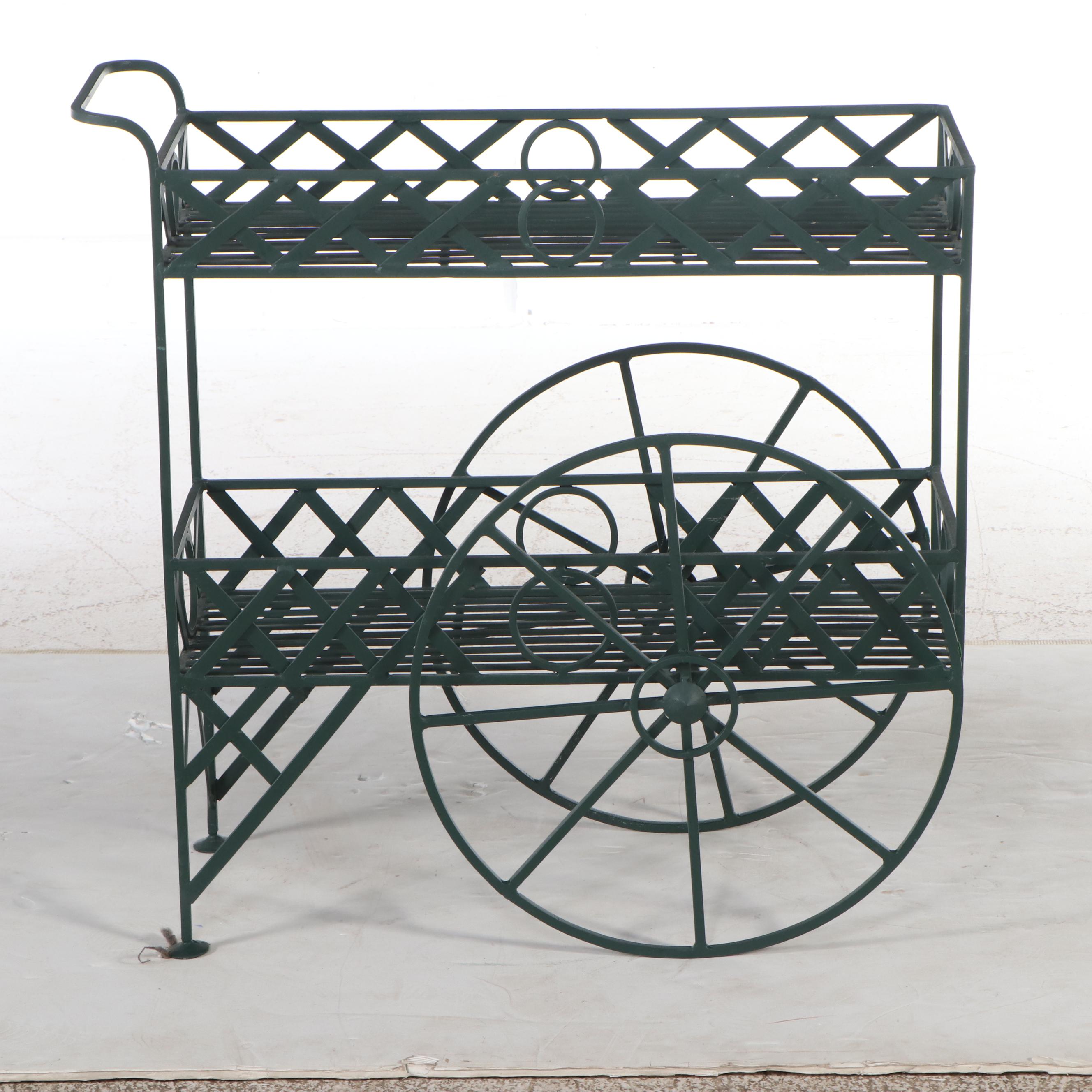 Green Wrought Iron Cart Planter Stand