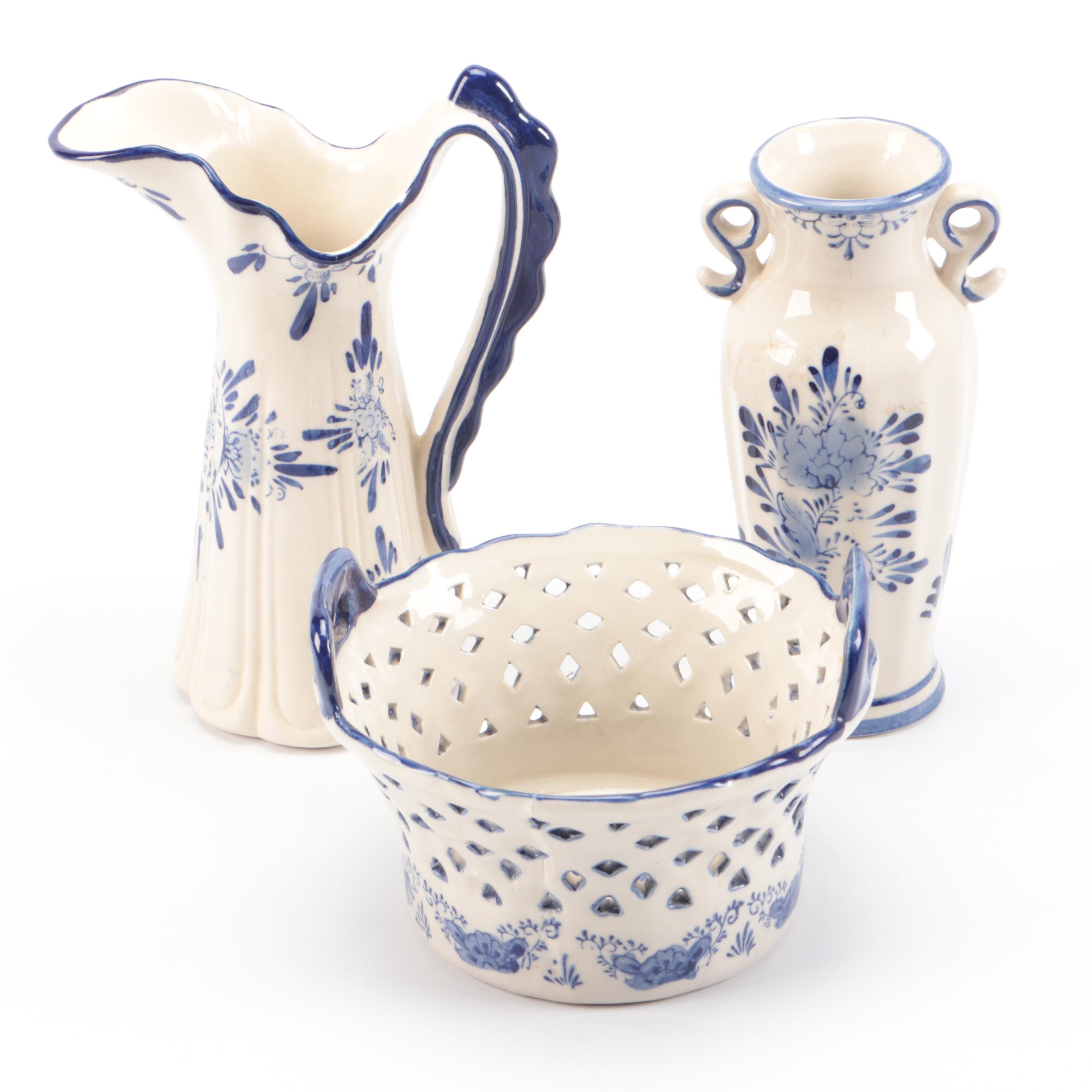 Delftware Ceramic Creamer, Reticulated Basket, and Bud Vase