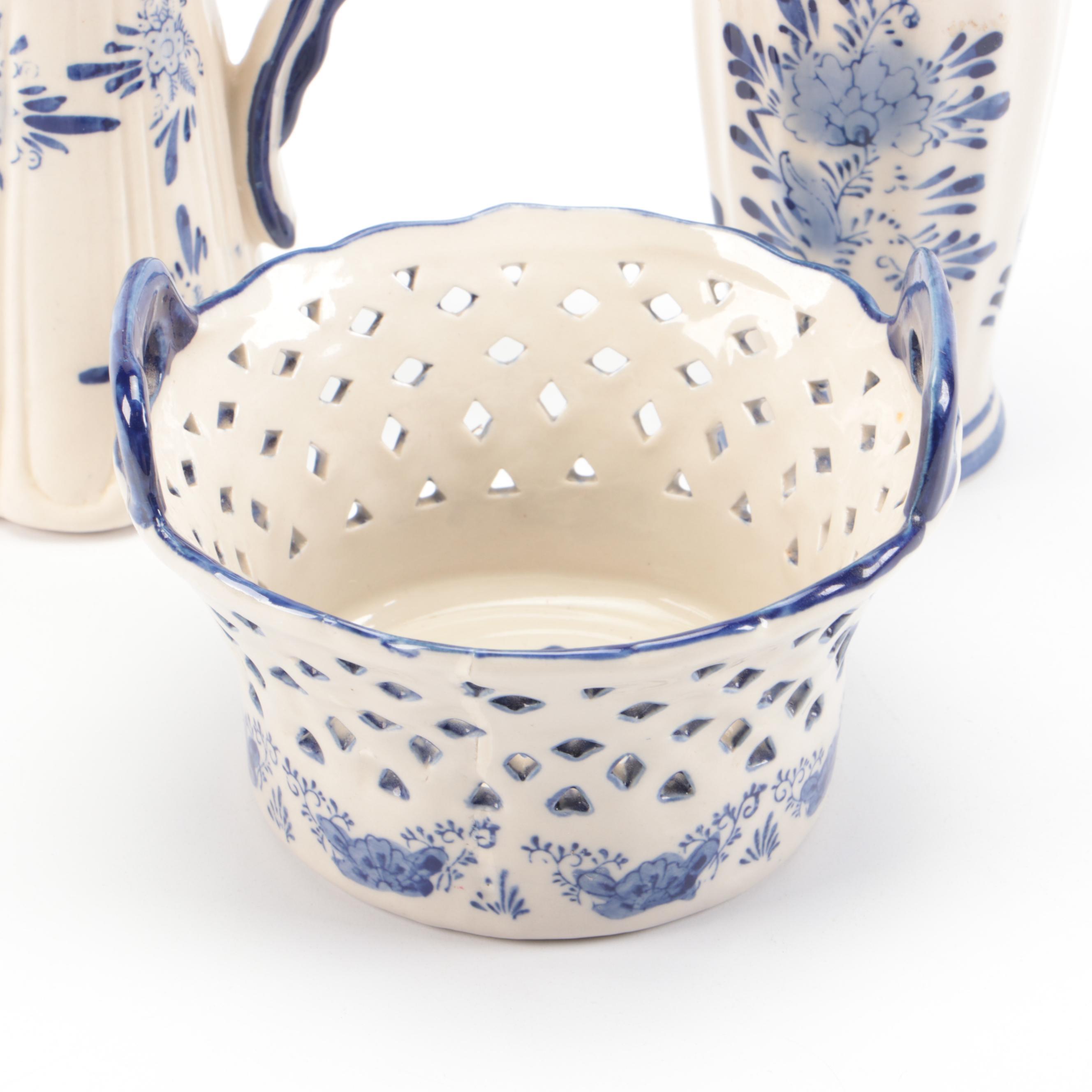 Delftware Ceramic Creamer, Reticulated Basket, and Bud Vase