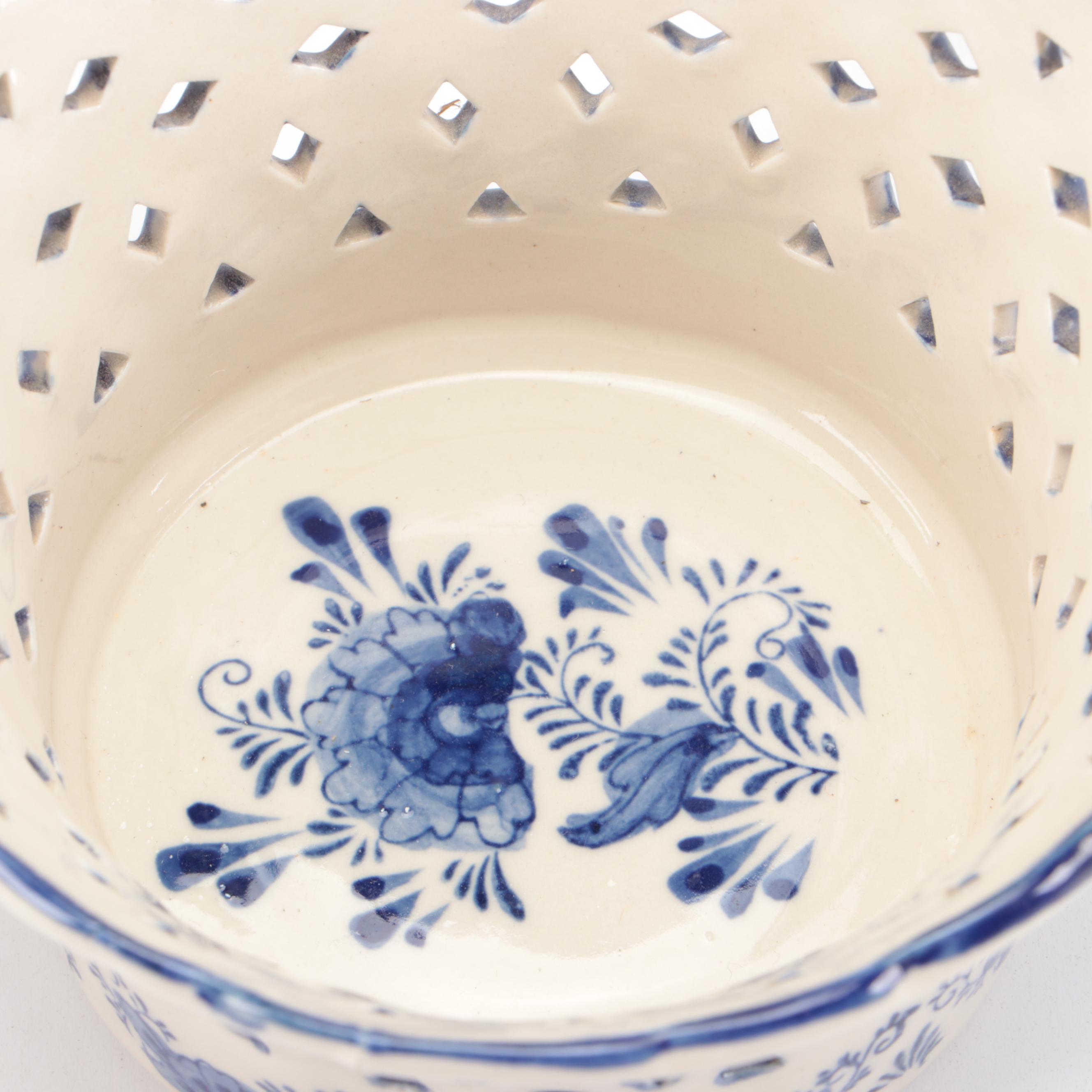 Delftware Ceramic Creamer, Reticulated Basket, and Bud Vase