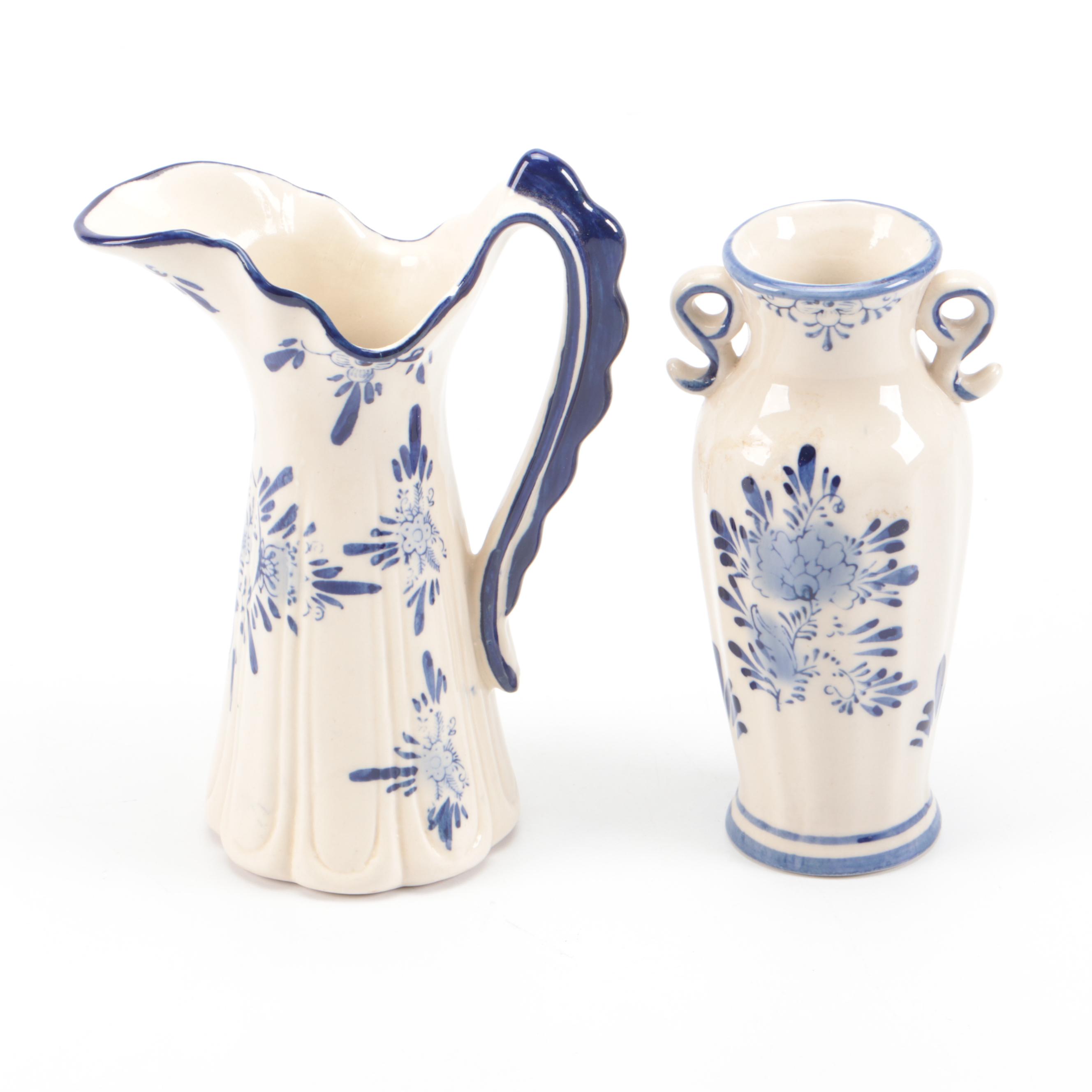 Delftware Ceramic Creamer, Reticulated Basket, and Bud Vase