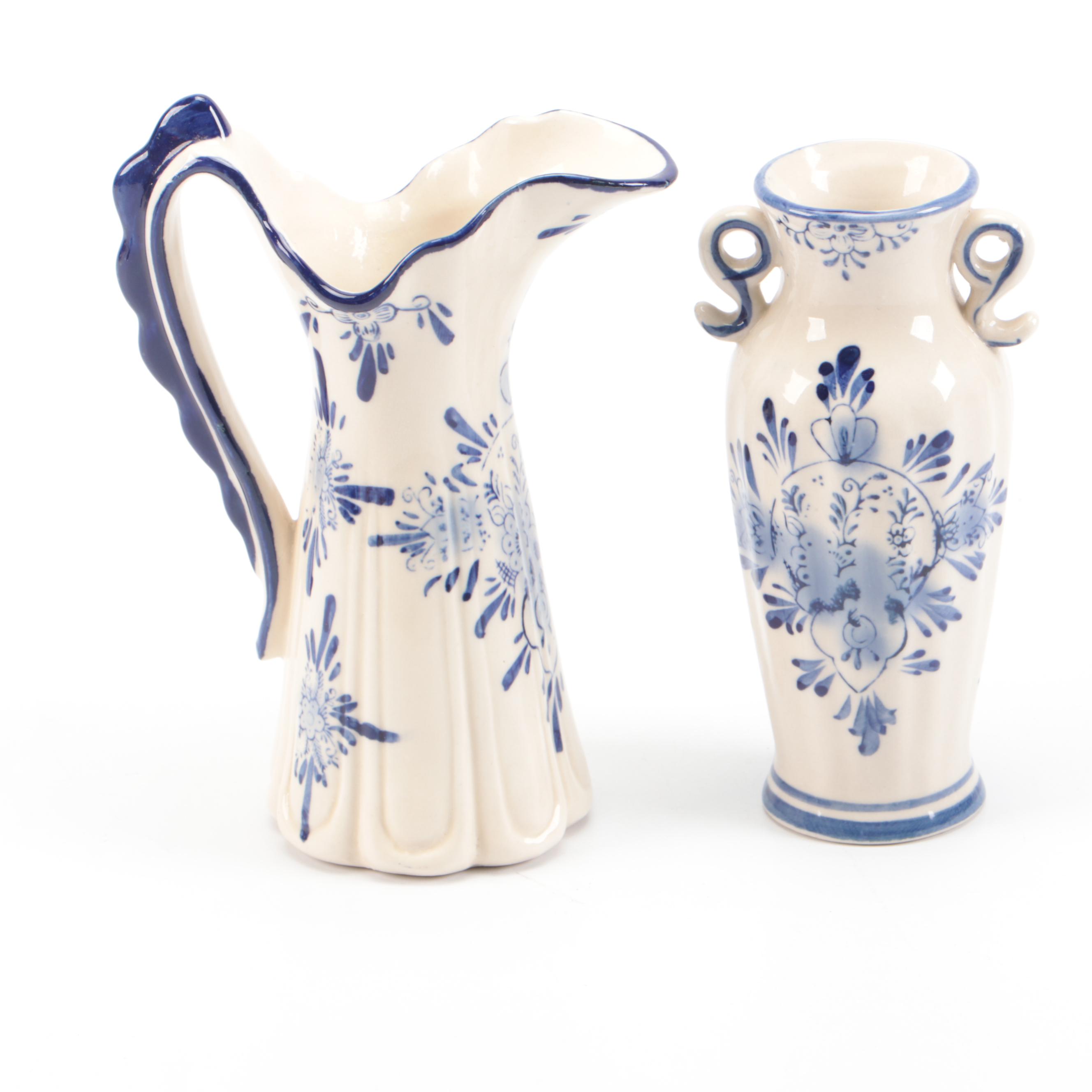 Delftware Ceramic Creamer, Reticulated Basket, and Bud Vase