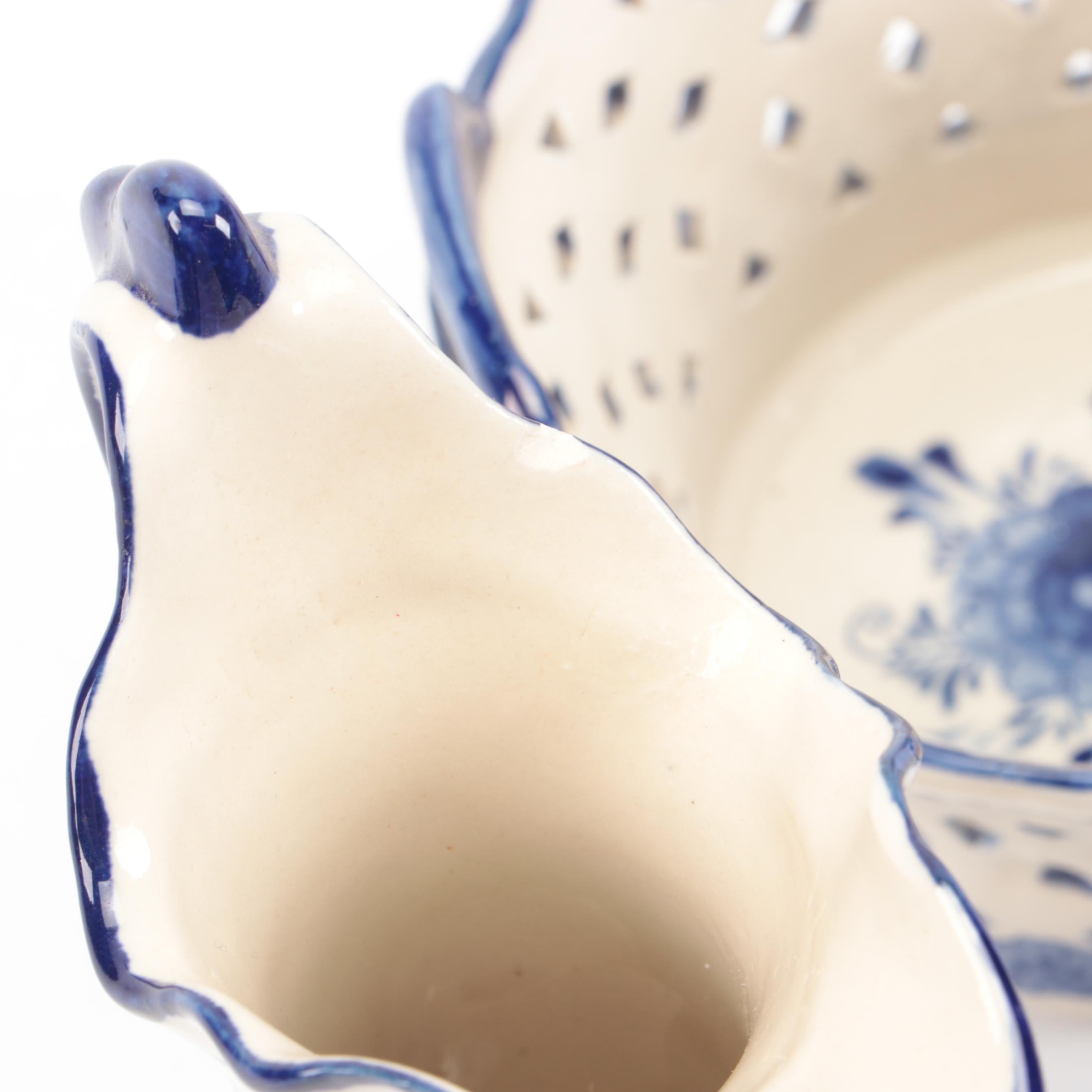 Delftware Ceramic Creamer, Reticulated Basket, and Bud Vase