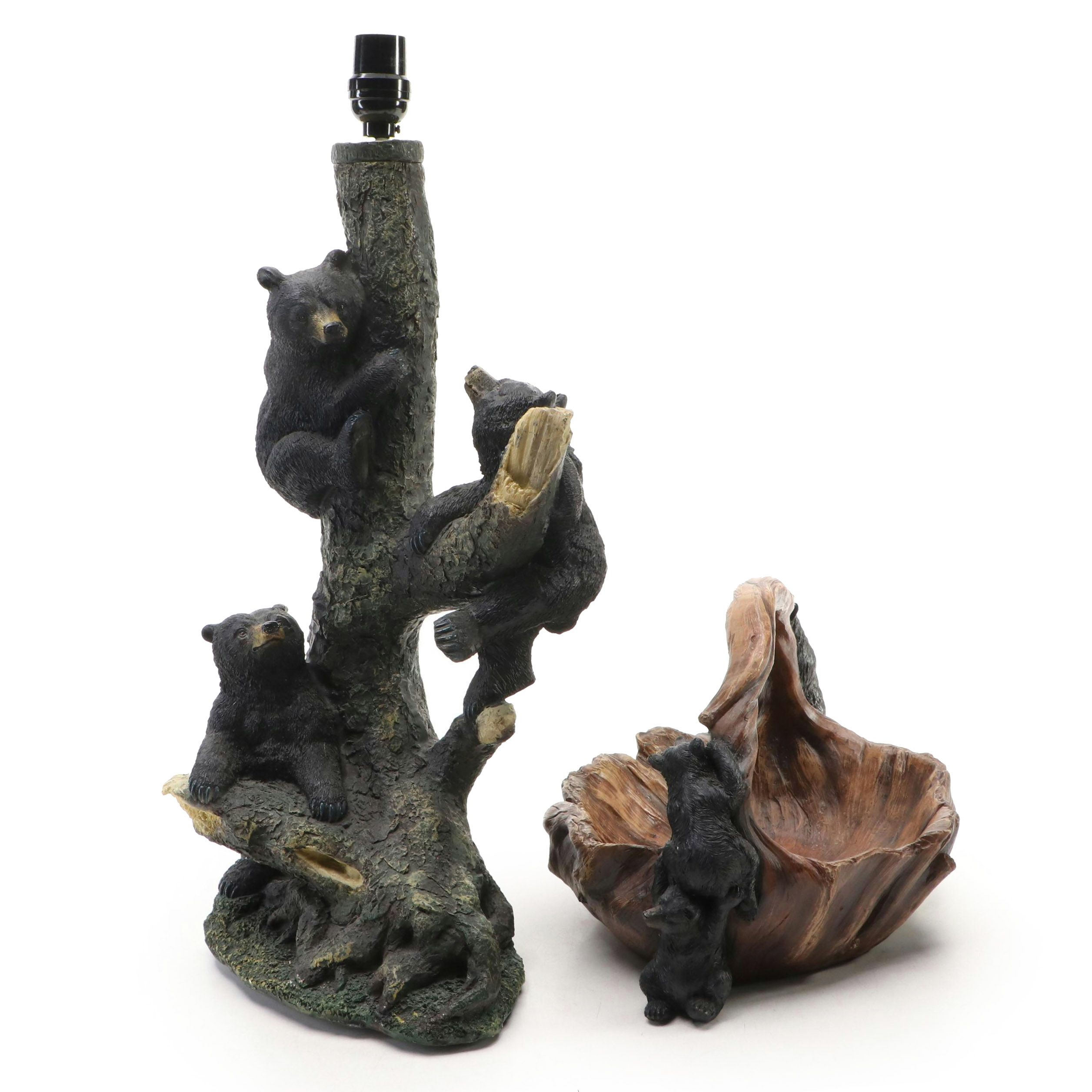 Rustic Cabin Decor Black Bear Cubs on Tree Stump Accent Lamp & Coordinating Bowl