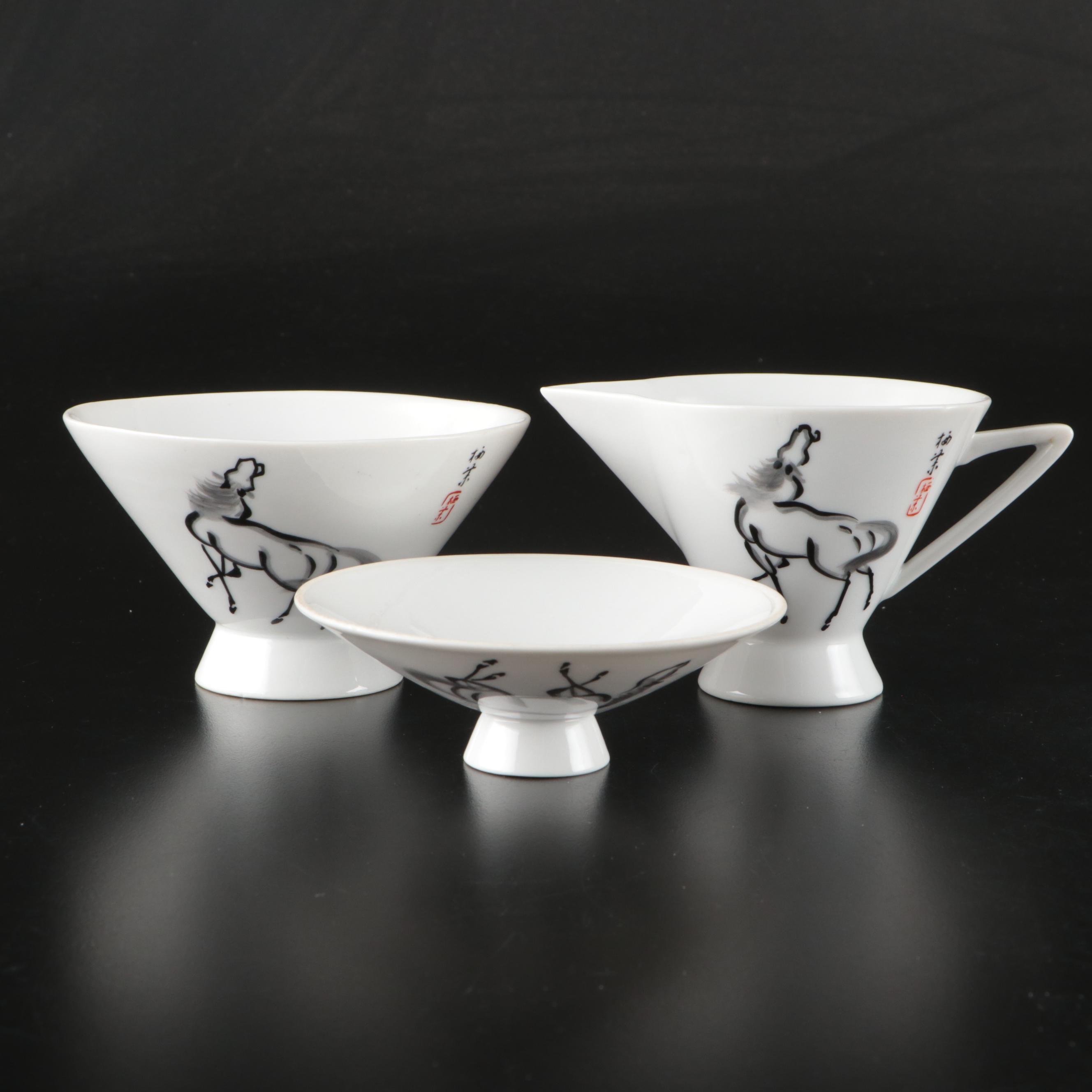 Chinese Horse Pattern Porcelain Creamer and Bowls