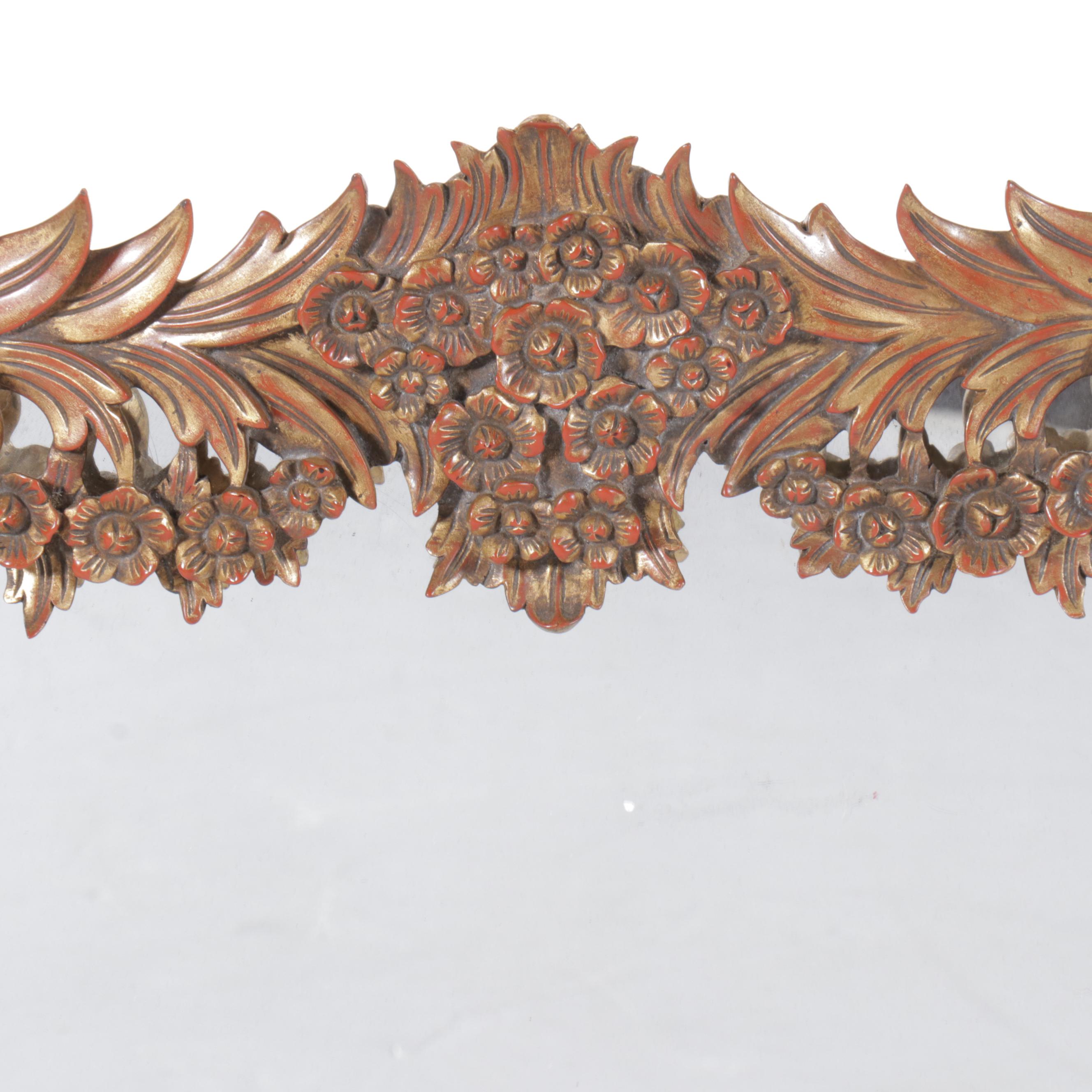 Hollywood Regency Style Carved Wood Leaf and Floral Swag Wall Mirror