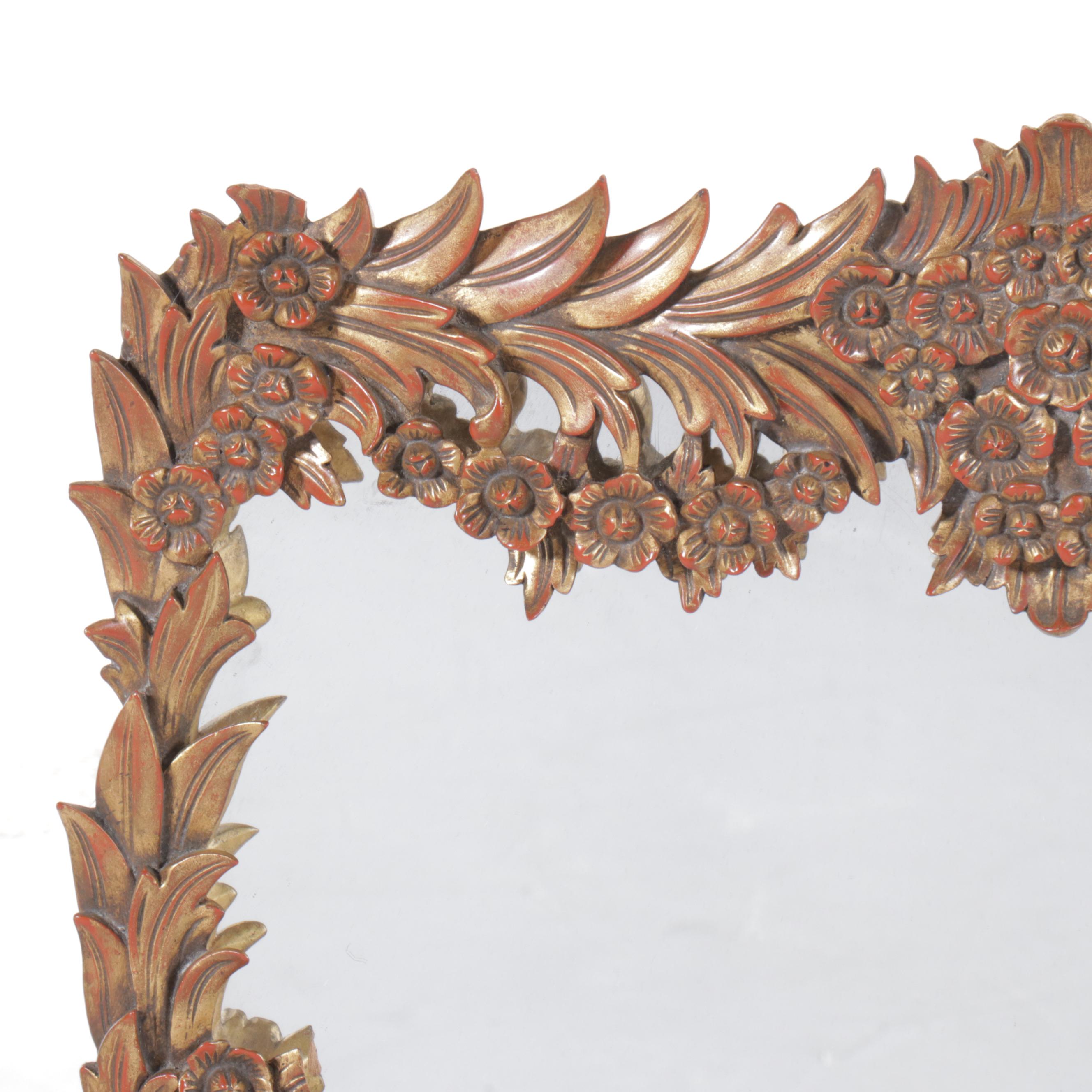 Hollywood Regency Style Carved Wood Leaf and Floral Swag Wall Mirror