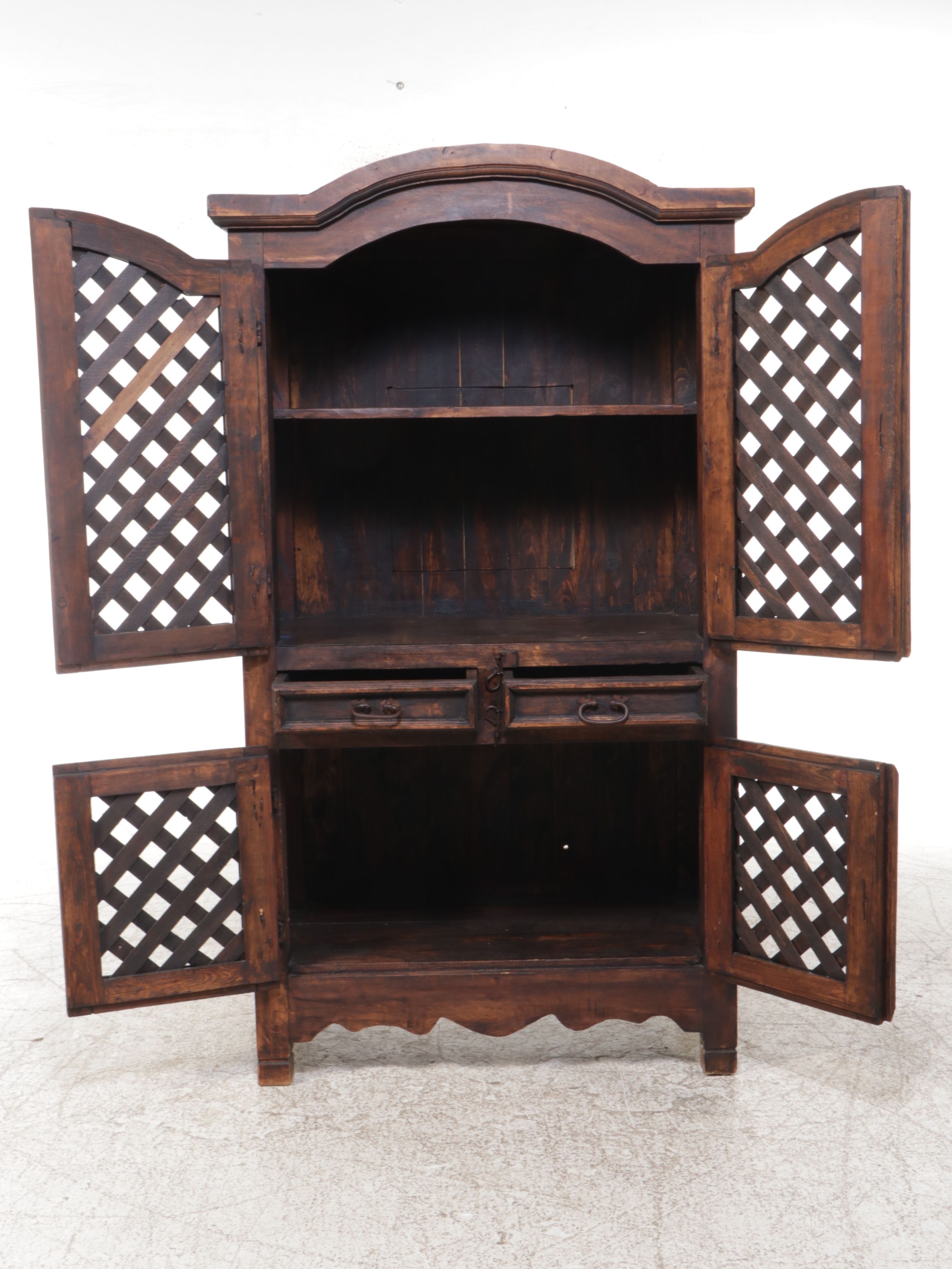 Rustic Dark Stained Wood Media Cabinet with Lattice Doors