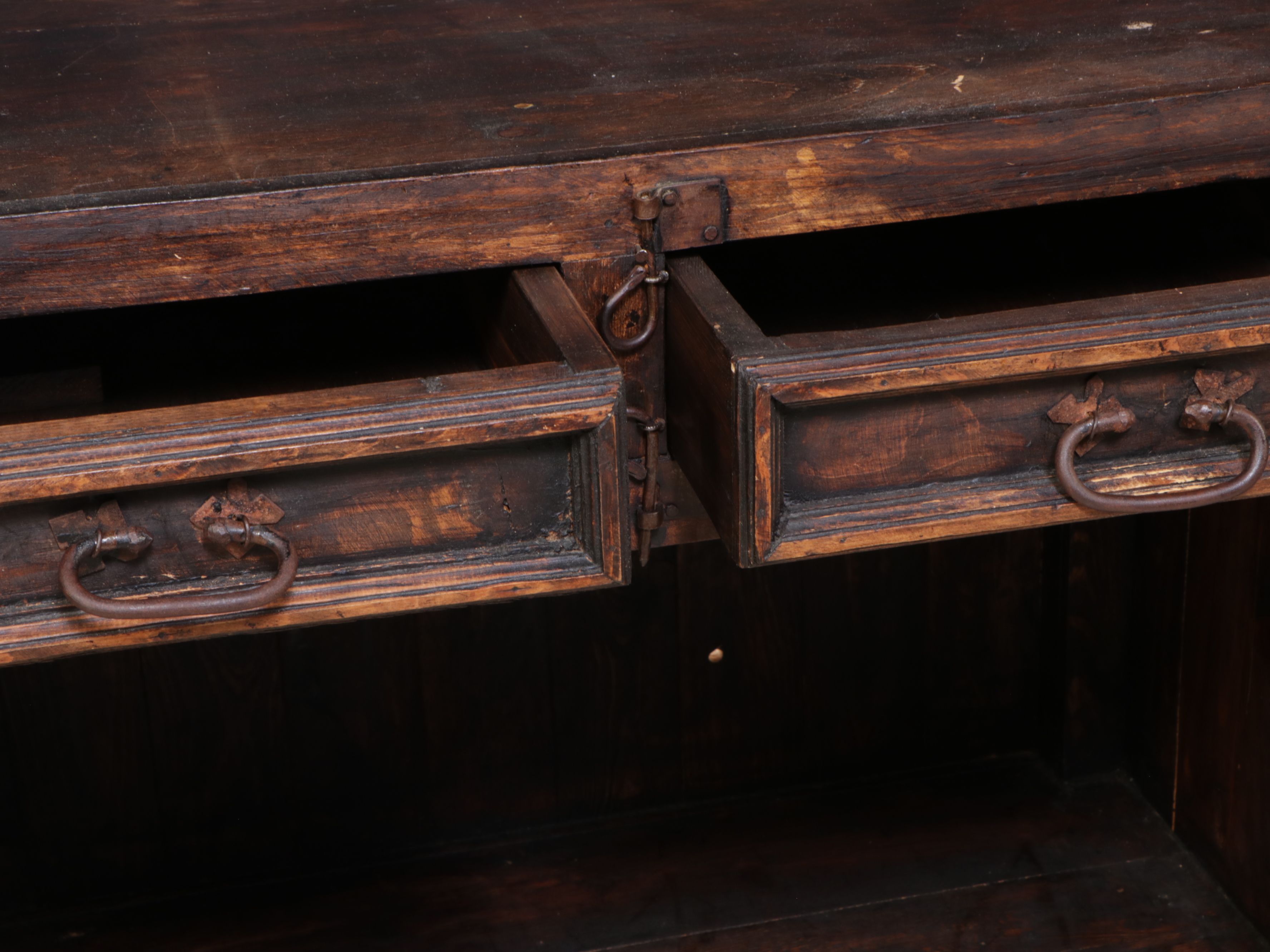 Rustic Dark Stained Wood Media Cabinet with Lattice Doors
