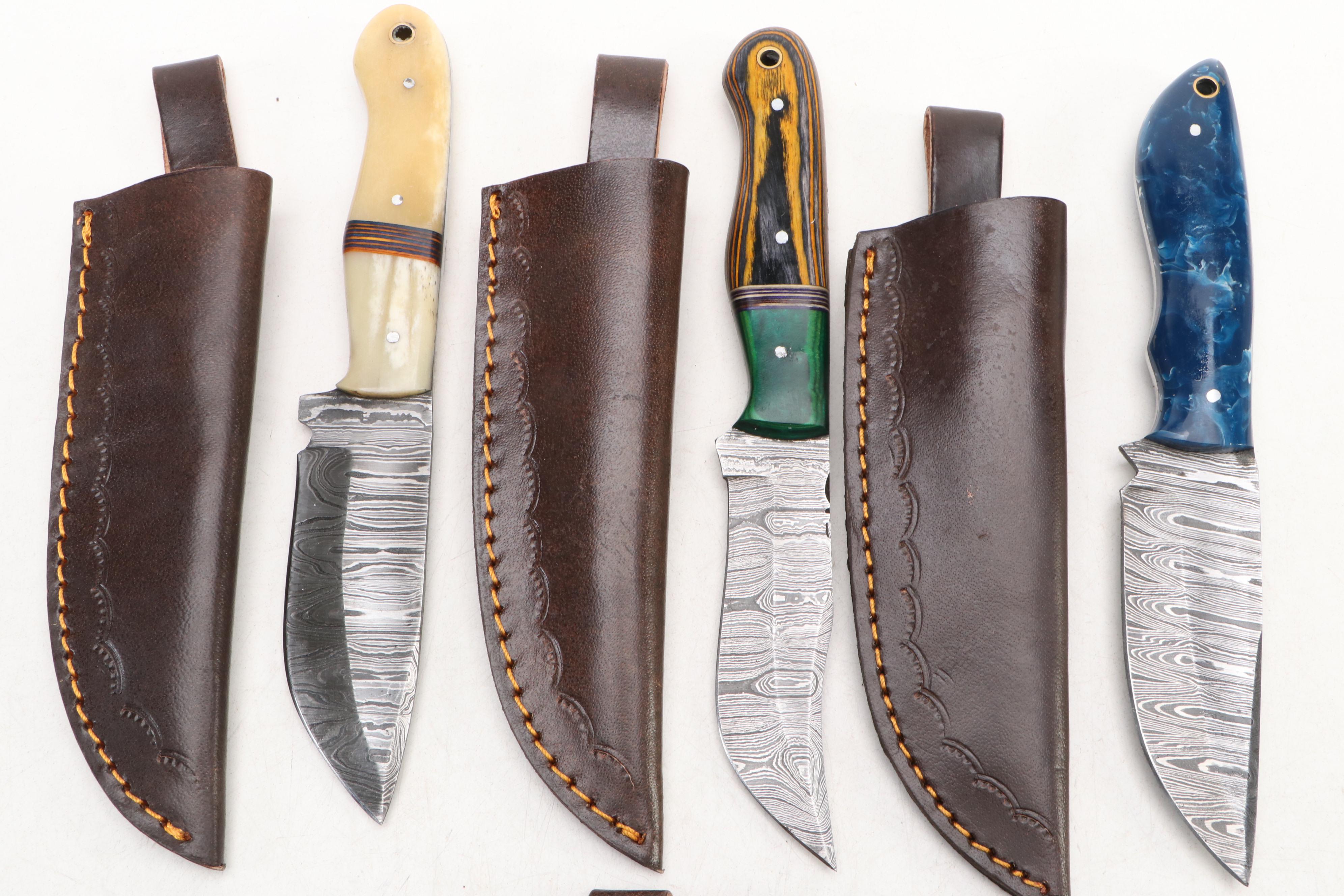 Damascus Steel Hunting Knives in Leather Scabbards