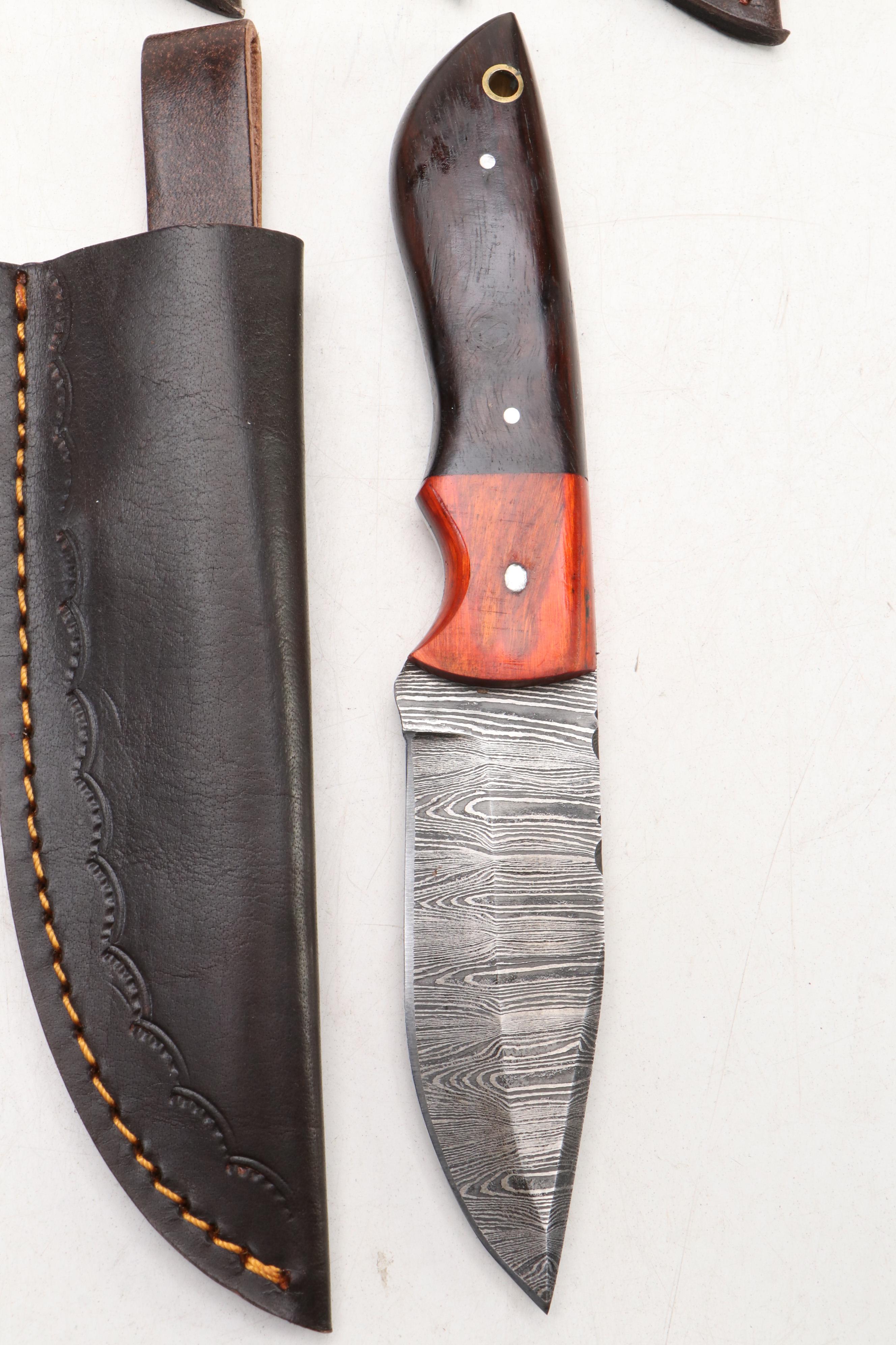 Damascus Steel Hunting Knives in Leather Scabbards