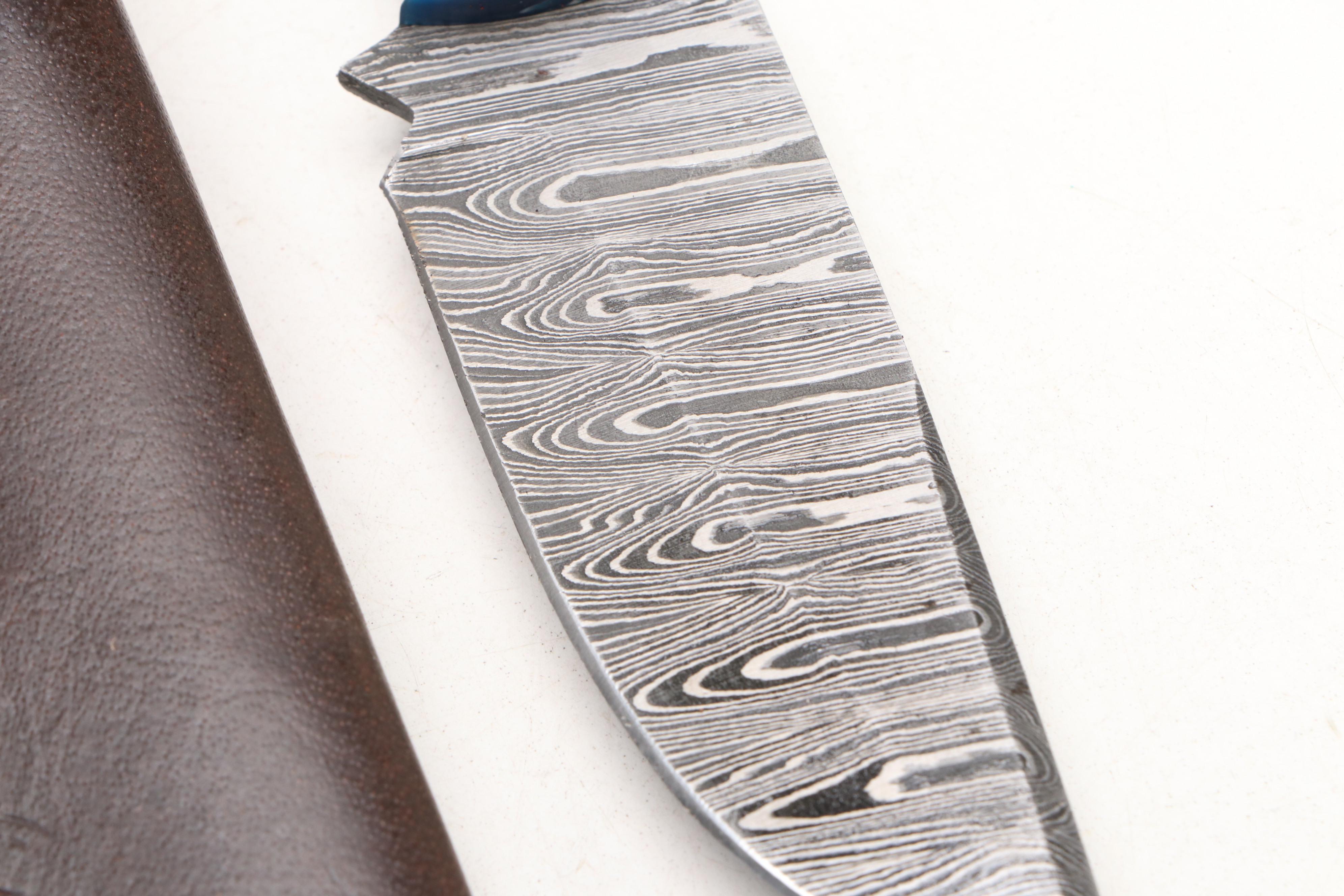 Damascus Steel Hunting Knives in Leather Scabbards