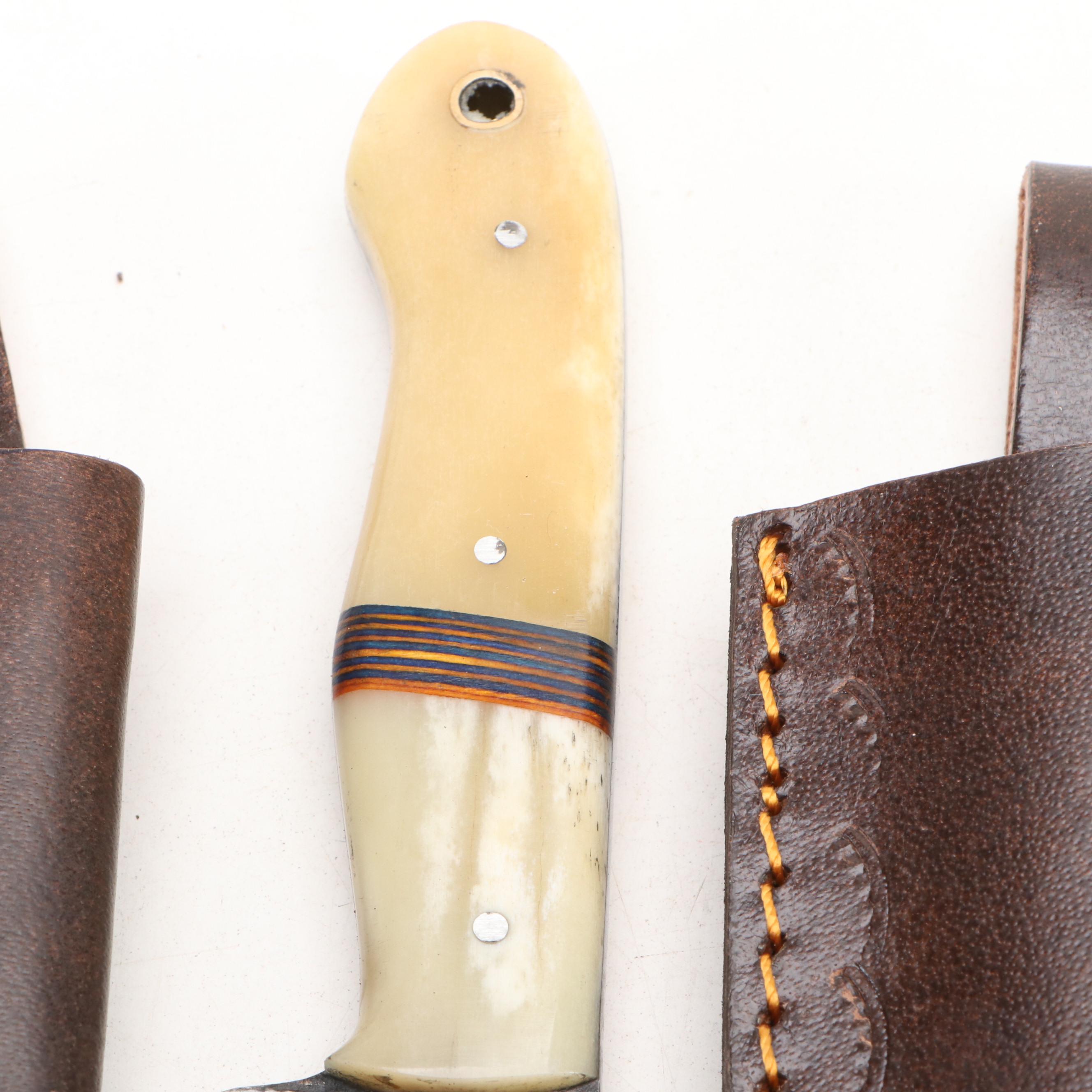 Damascus Steel Hunting Knives in Leather Scabbards