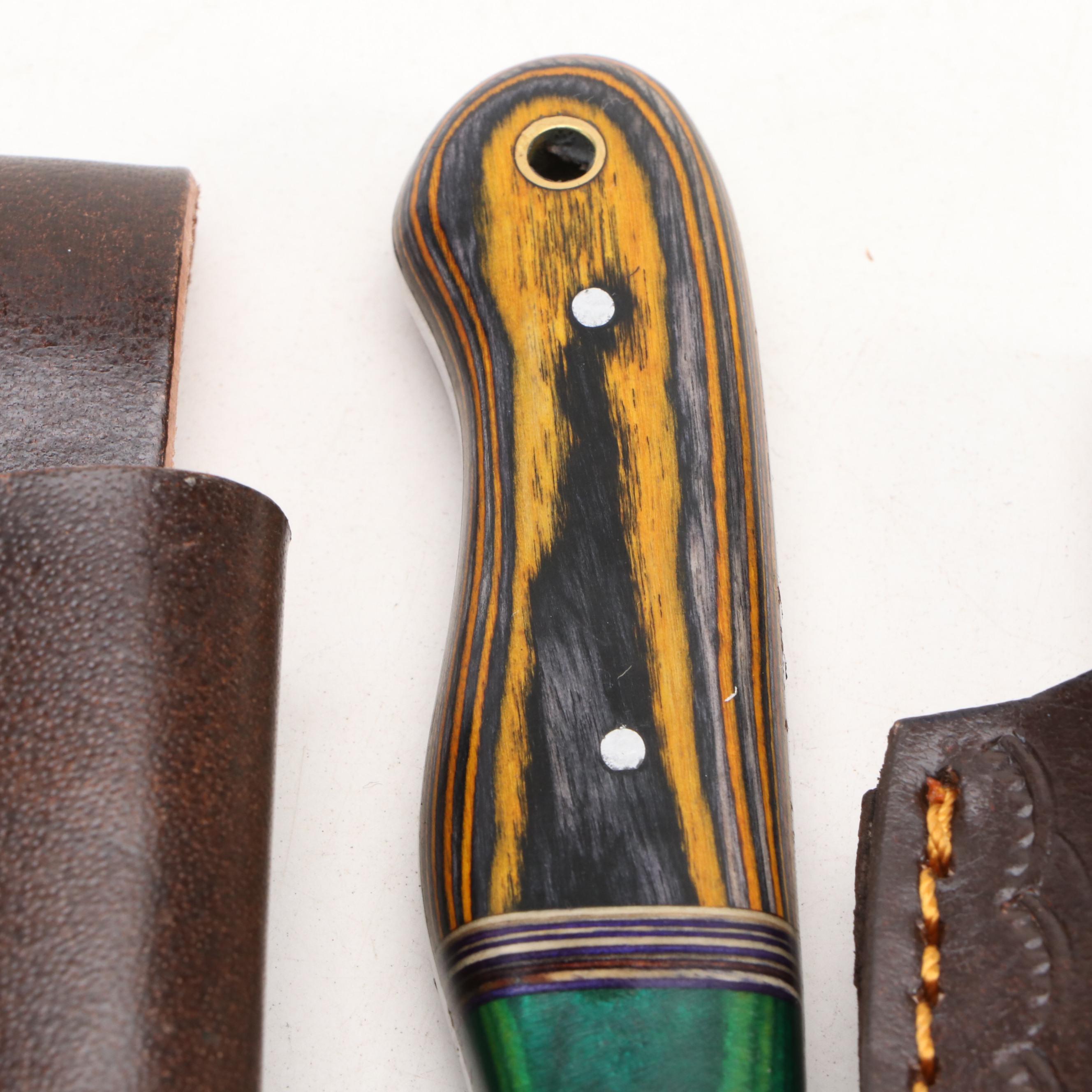 Damascus Steel Hunting Knives in Leather Scabbards