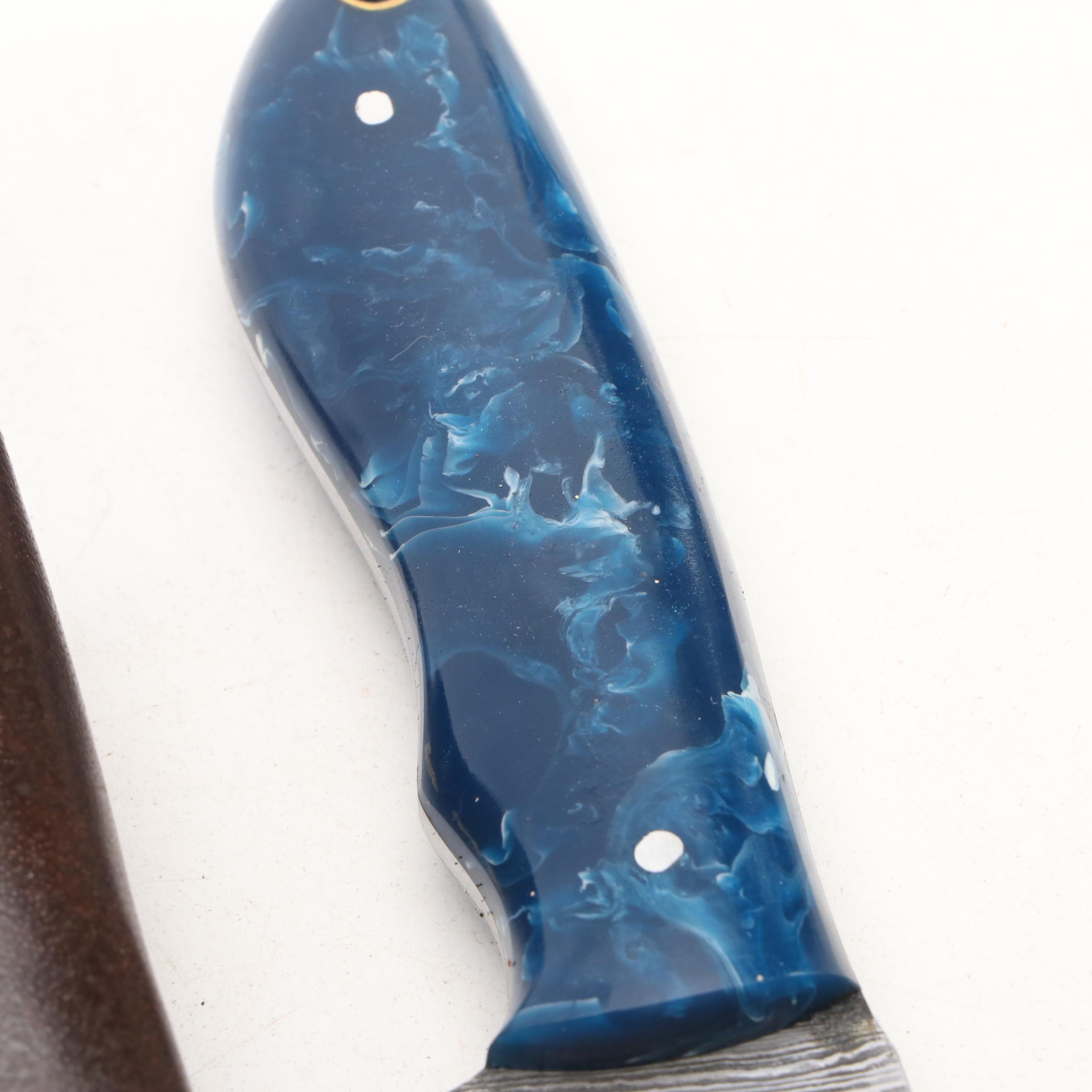 Damascus Steel Hunting Knives in Leather Scabbards