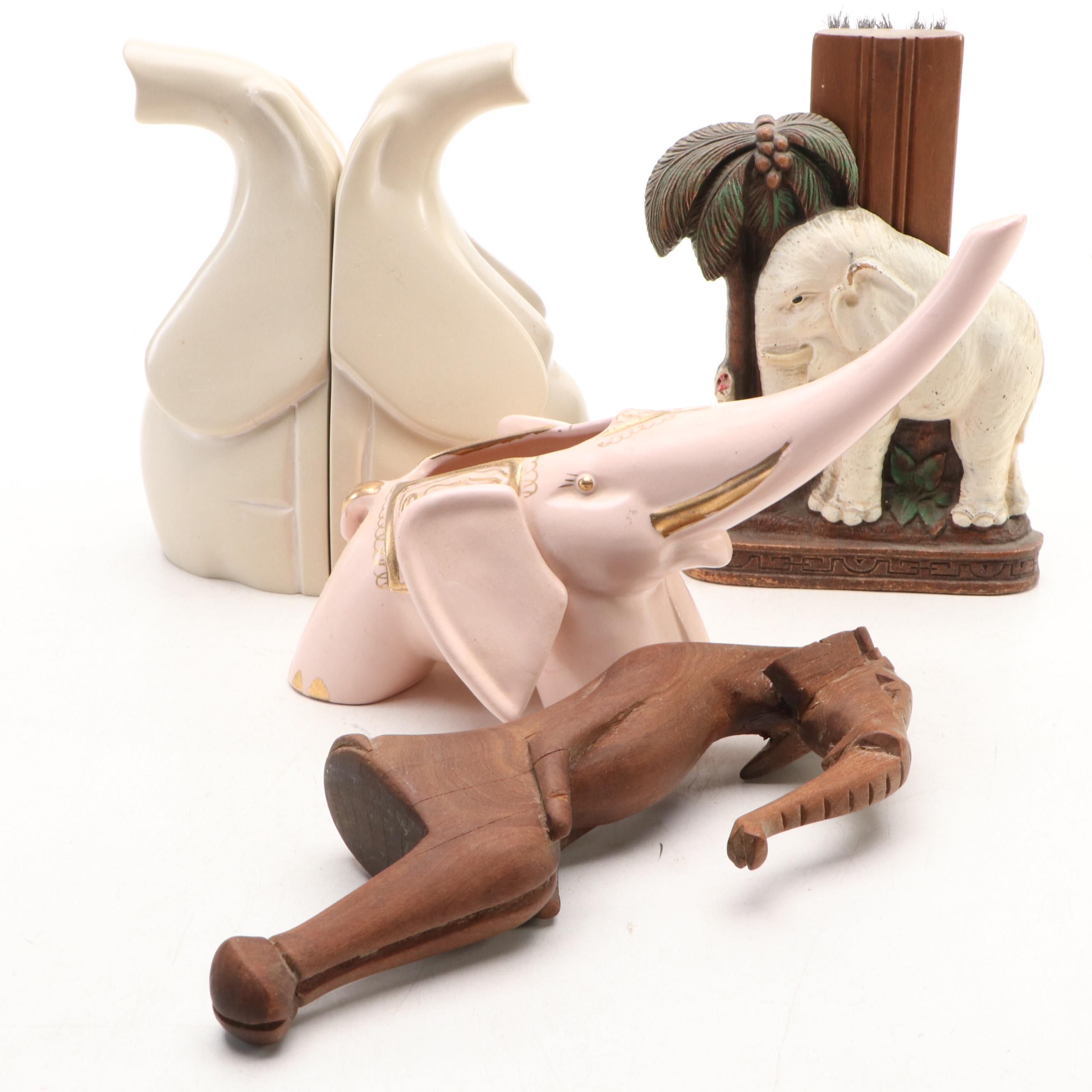 Elephant Kissii Stone Bookends with Figurines and Clothes Brush Holder
