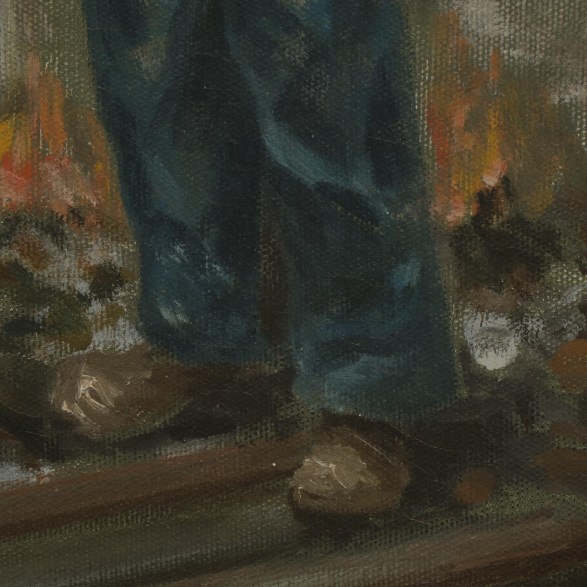 Social Realist Oil Painting of Workers Near Firepit, Mid to Late 20th Century