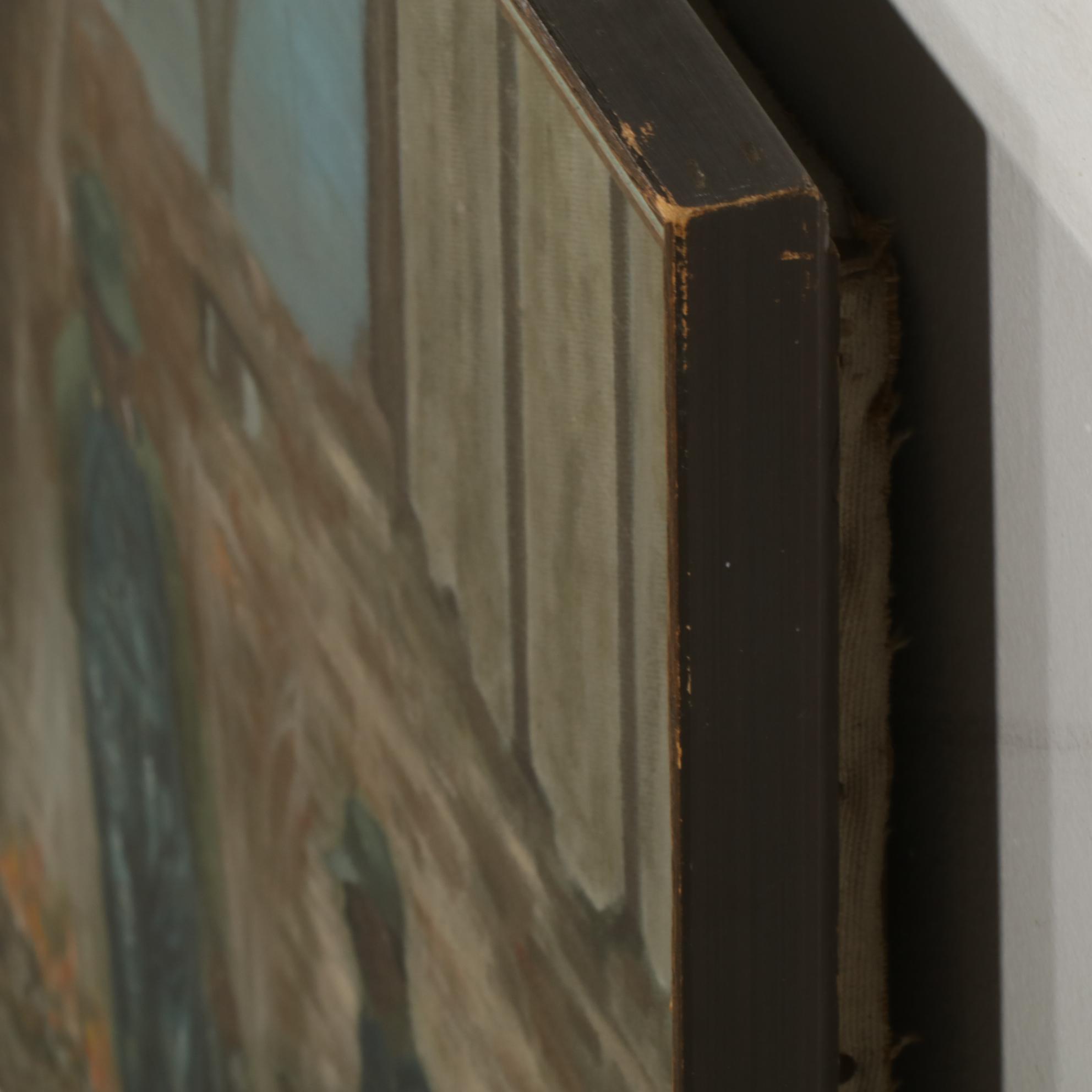 Social Realist Oil Painting of Workers Near Firepit, Mid to Late 20th Century