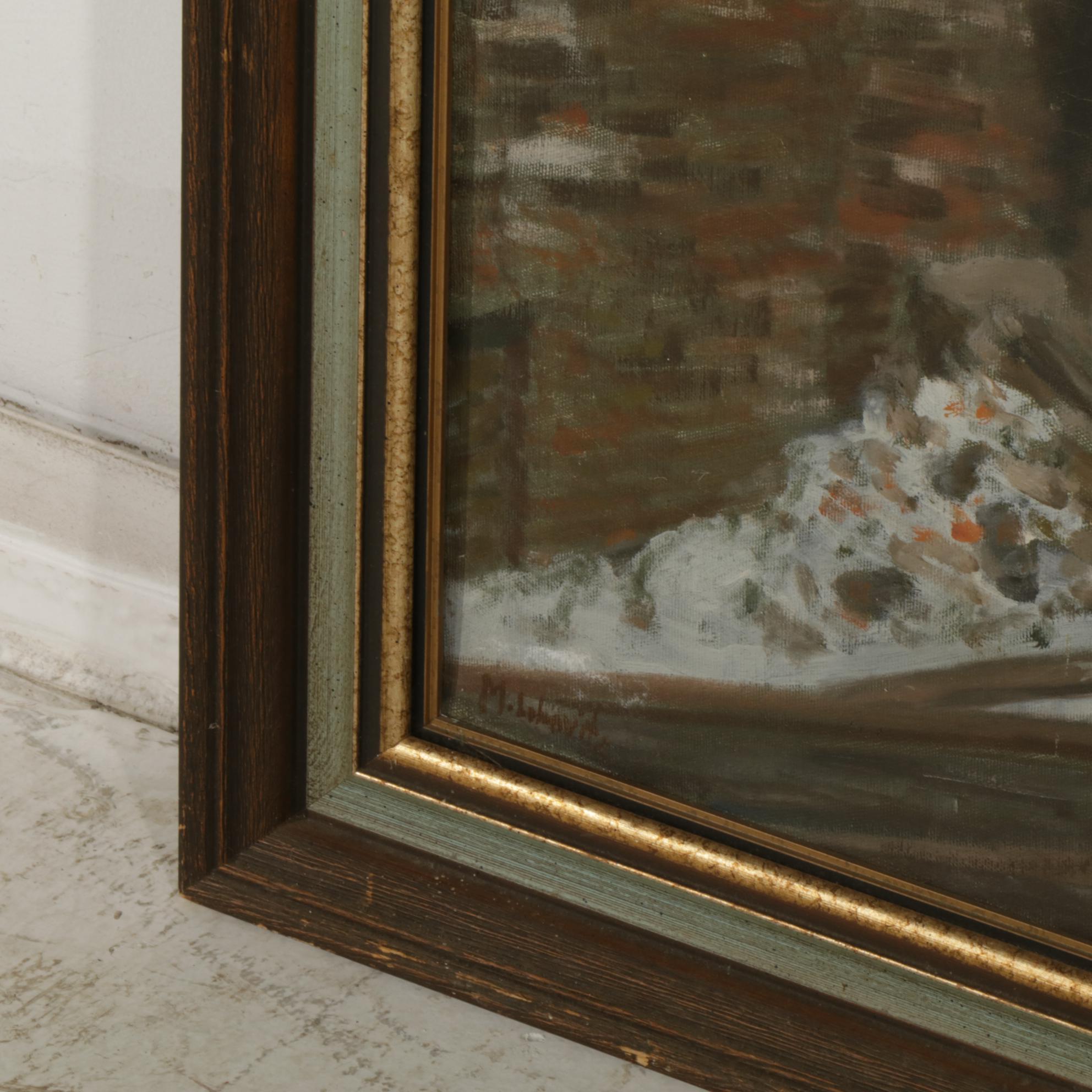 Social Realist Oil Painting of Workers Near Firepit, Mid to Late 20th Century