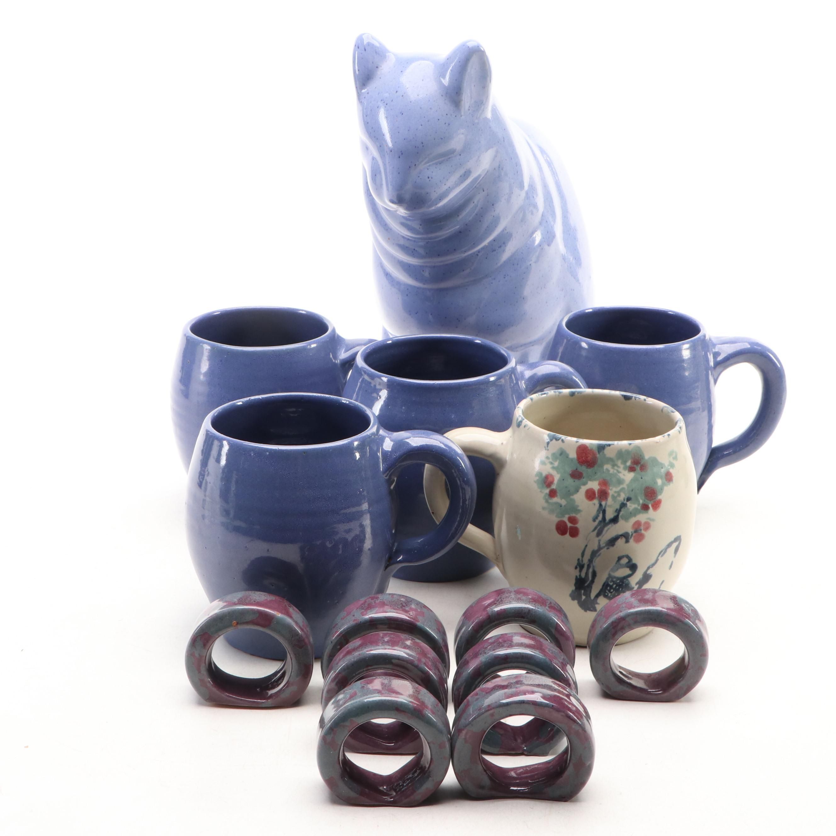 Bybee Pottery Blue Glazed Cat Figurine with Mugs and Napkin Rings