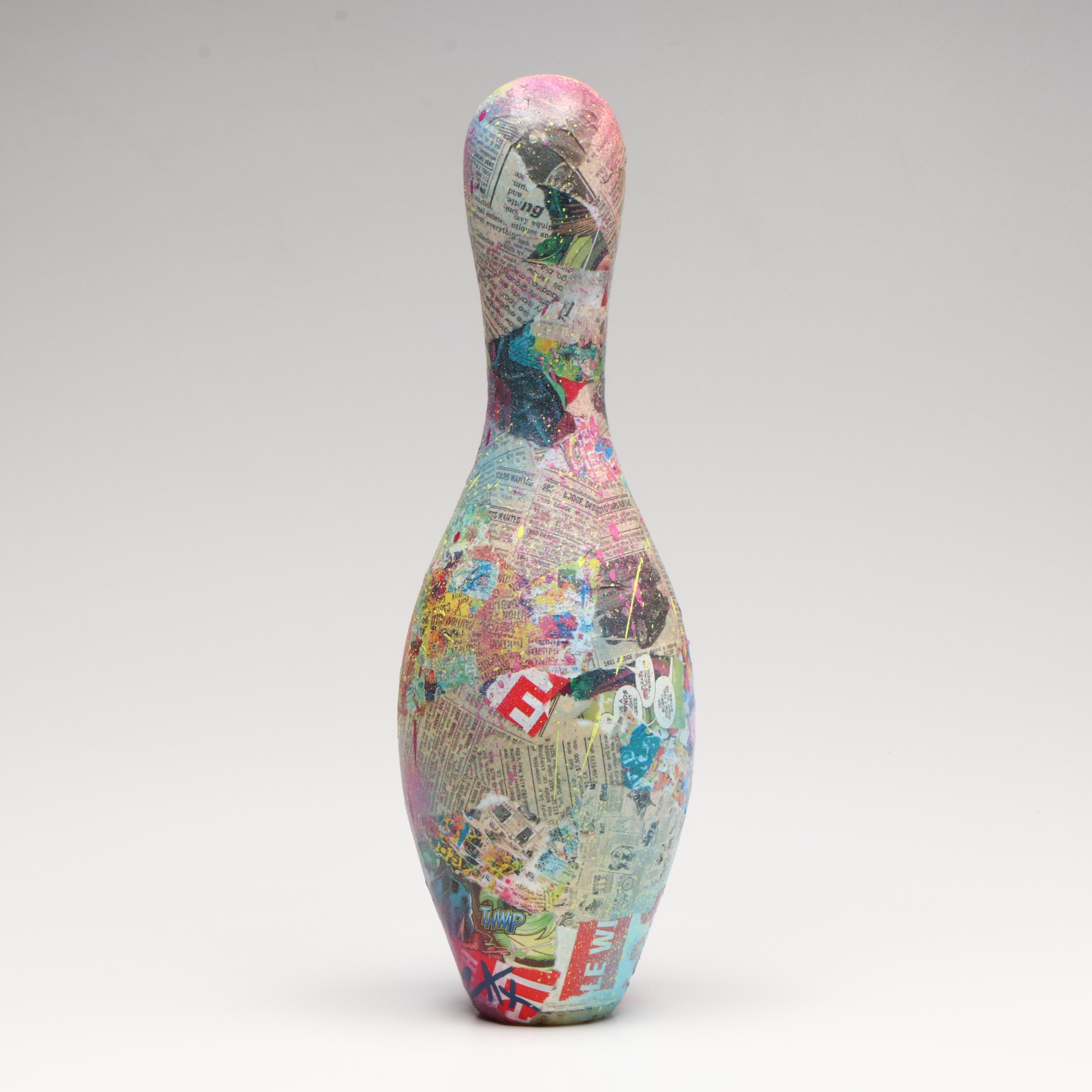 E.M. Zax Collage and Drip-Painted Bowling Pin, 2025