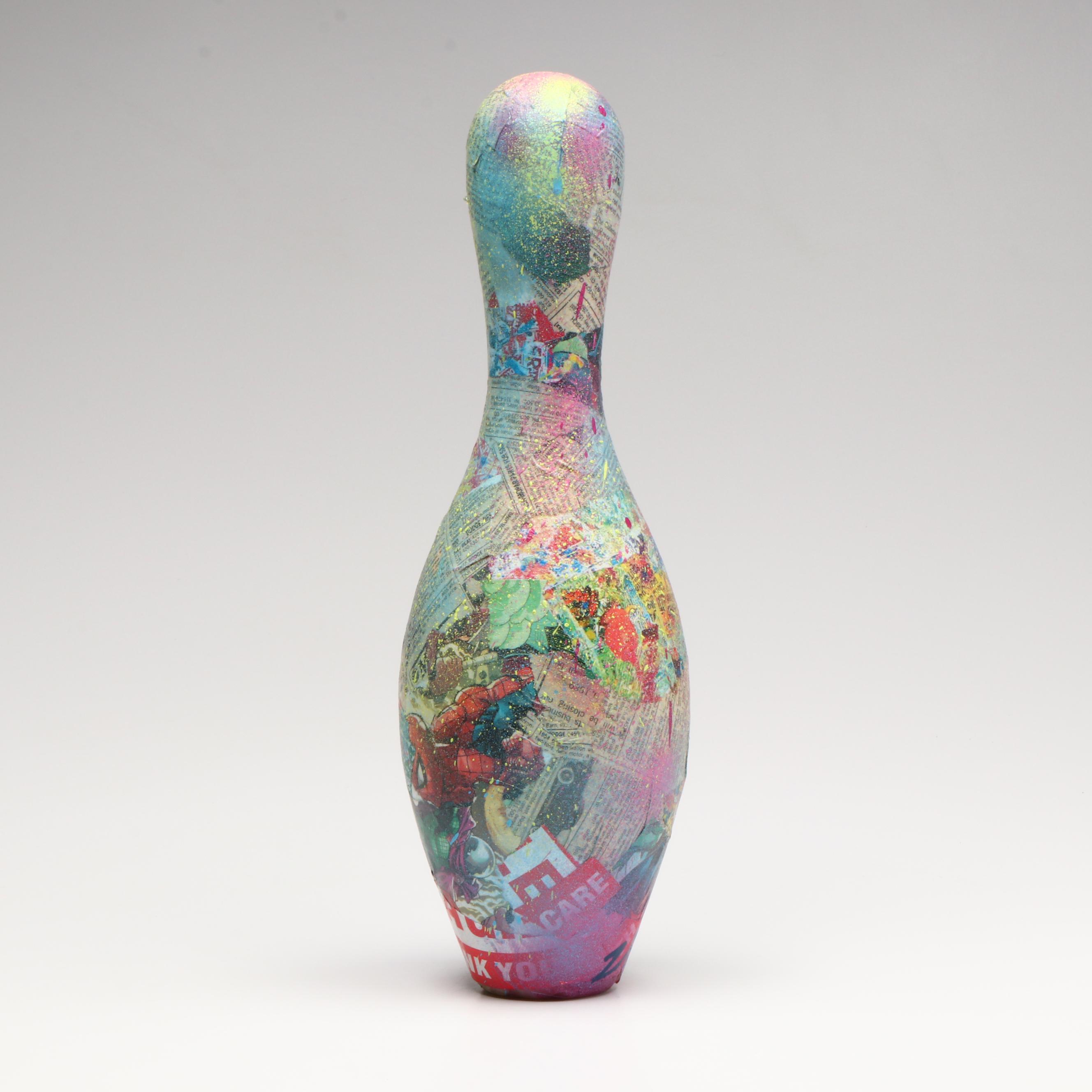 E.M. Zax Collage and Drip-Painted Bowling Pin, 2025