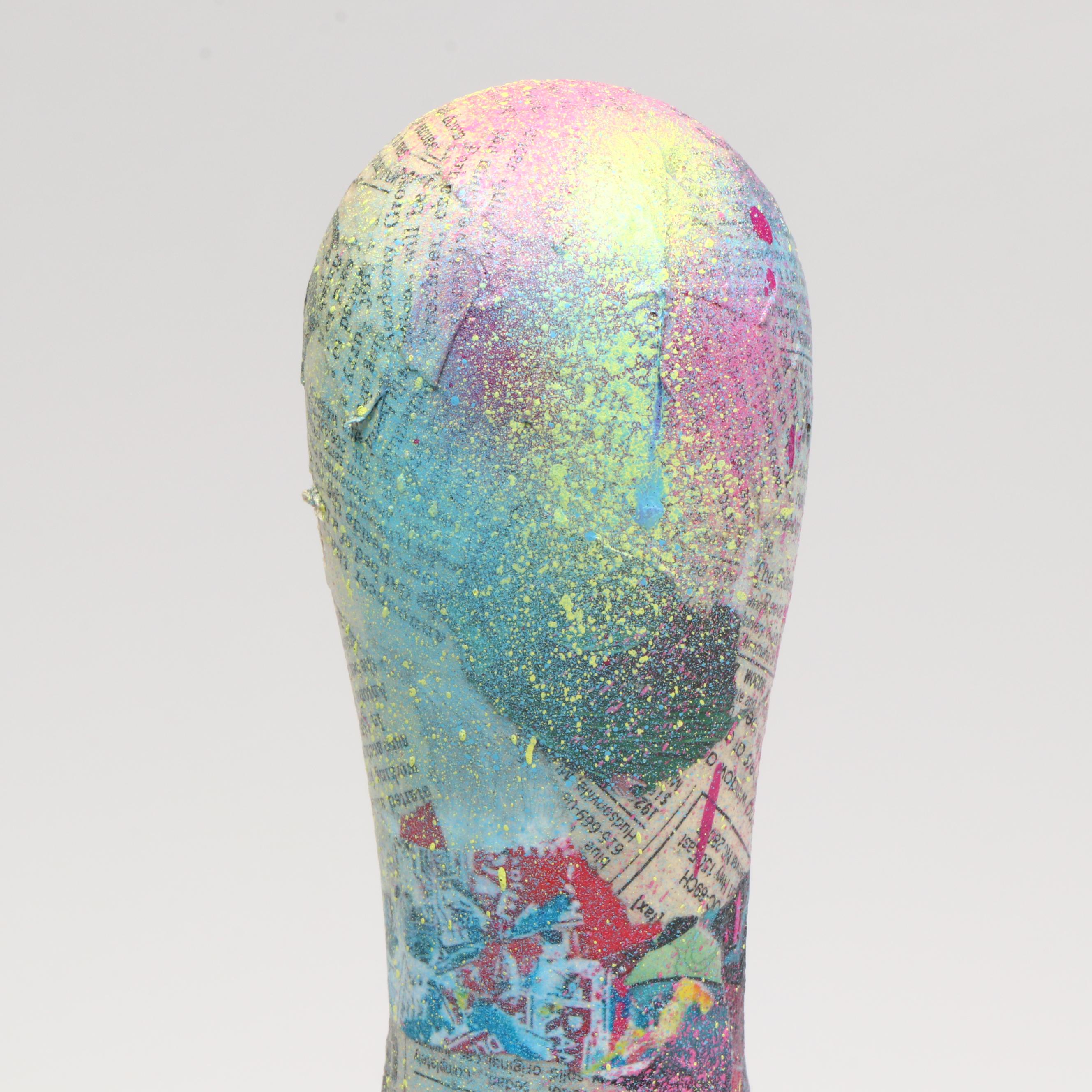 E.M. Zax Collage and Drip-Painted Bowling Pin, 2025