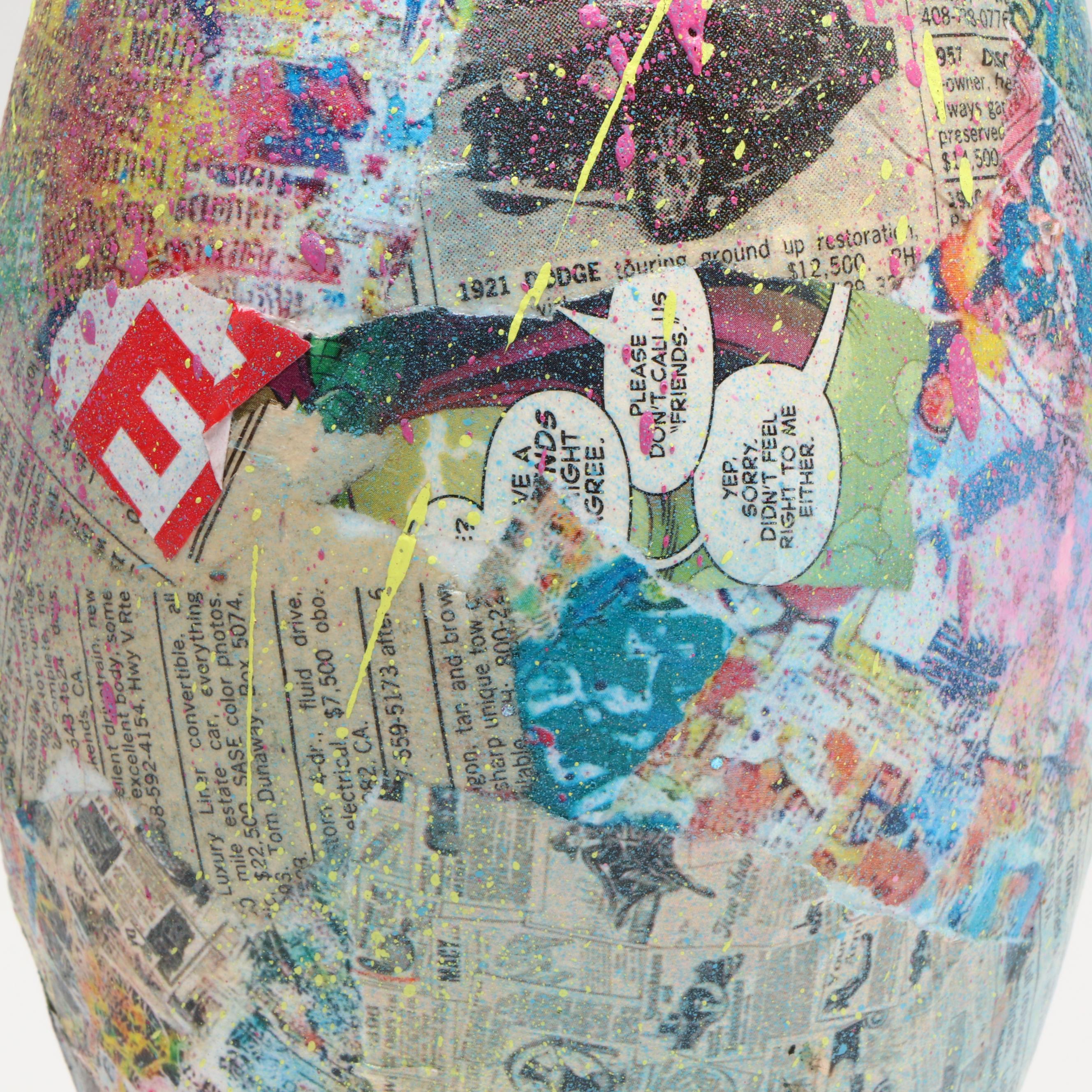 E.M. Zax Collage and Drip-Painted Bowling Pin, 2025