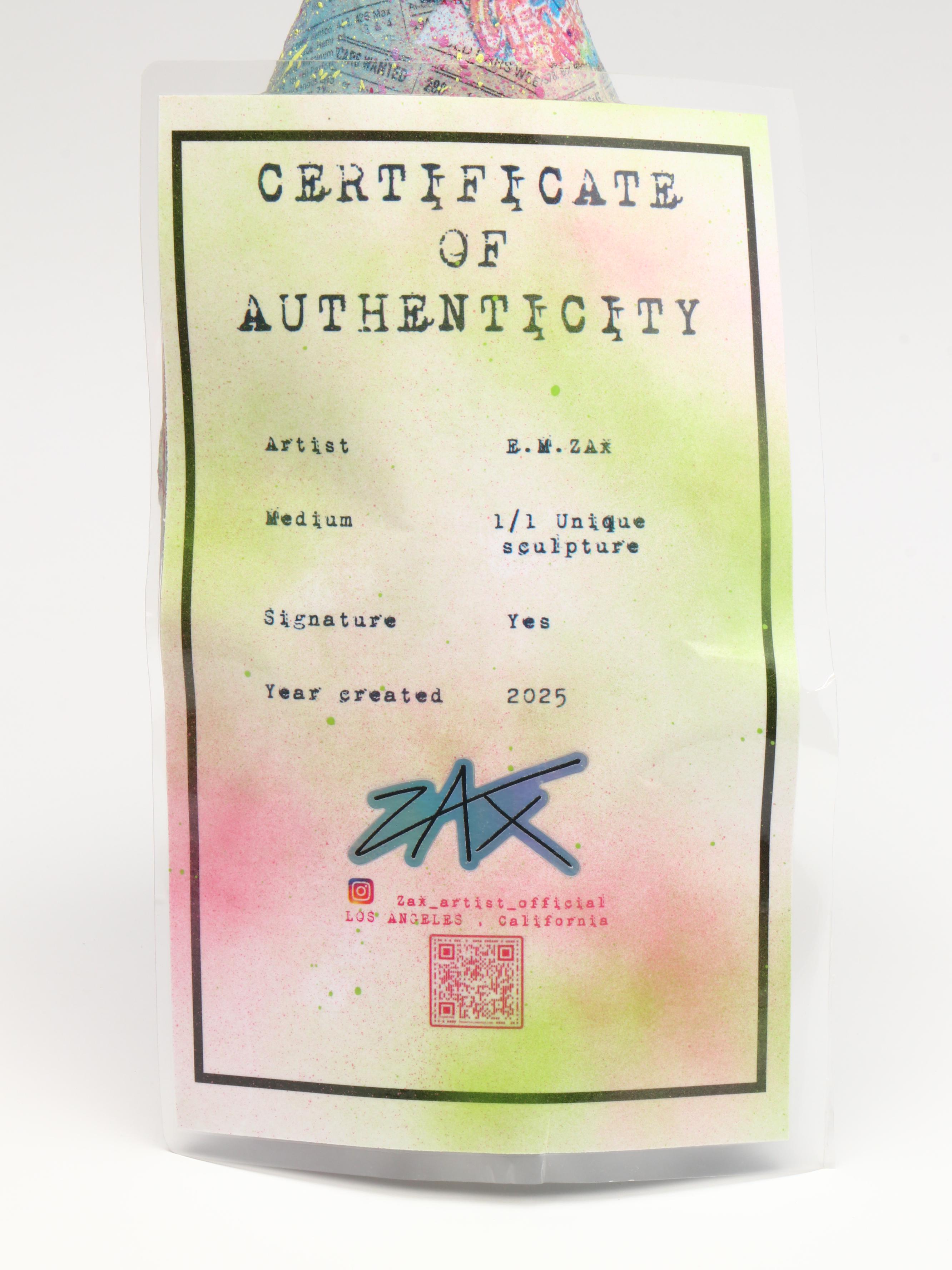 E.M. Zax Collage and Drip-Painted Bowling Pin, 2025