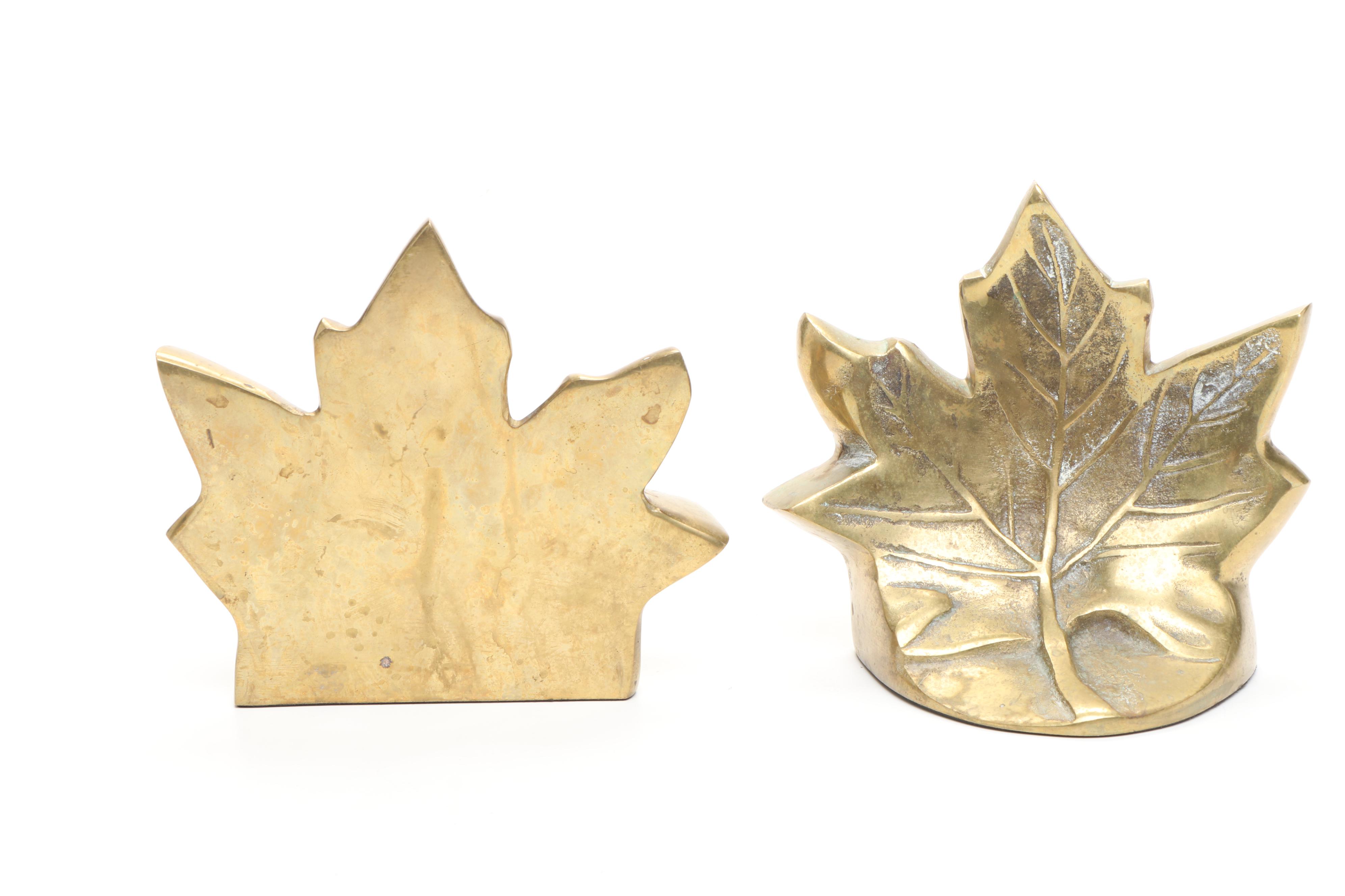 Vintage Leaf Shaped Bookends with Other Brass Letter Holder and Other Decor