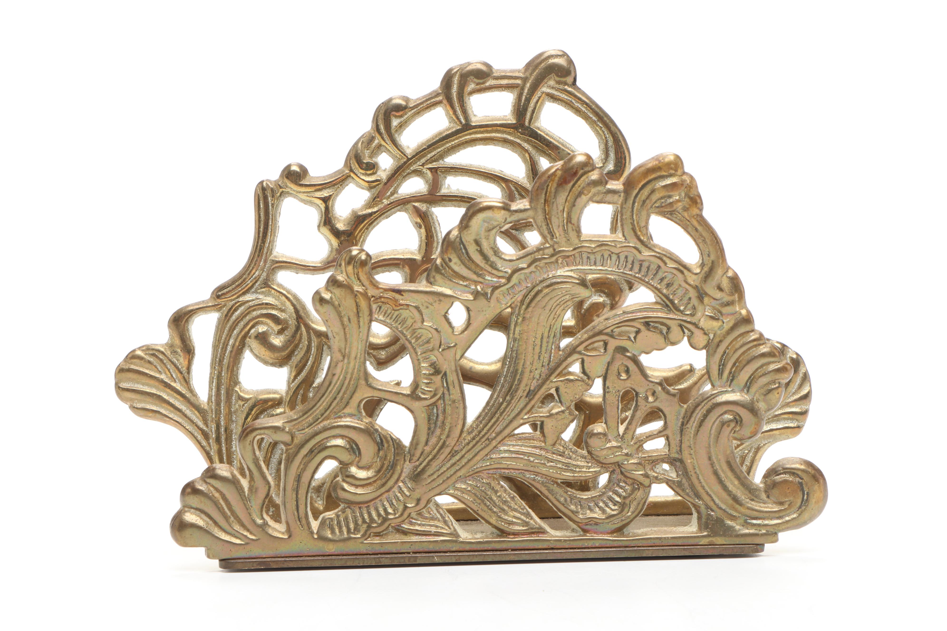 Vintage Leaf Shaped Bookends with Other Brass Letter Holder and Other Decor