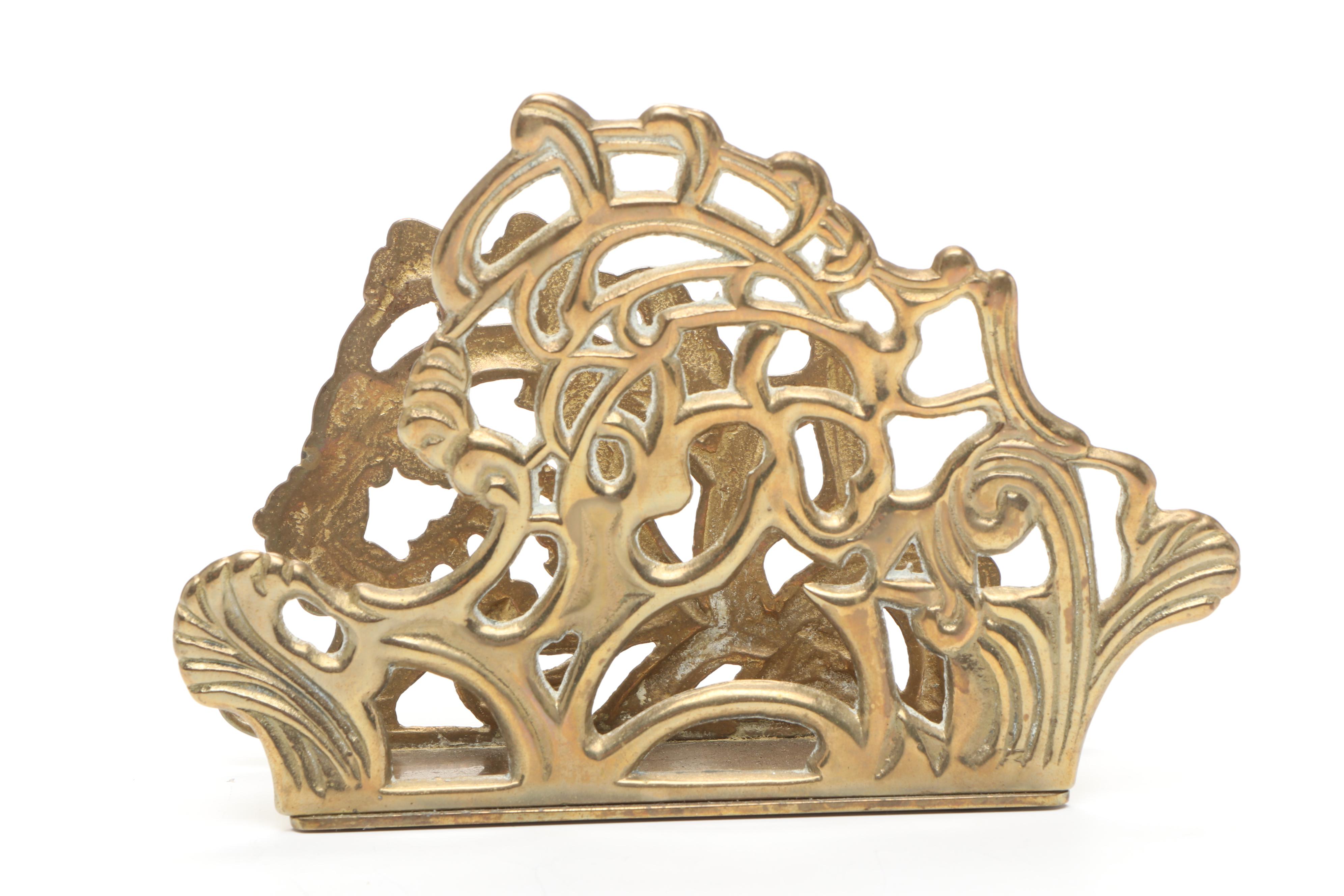 Vintage Leaf Shaped Bookends with Other Brass Letter Holder and Other Decor