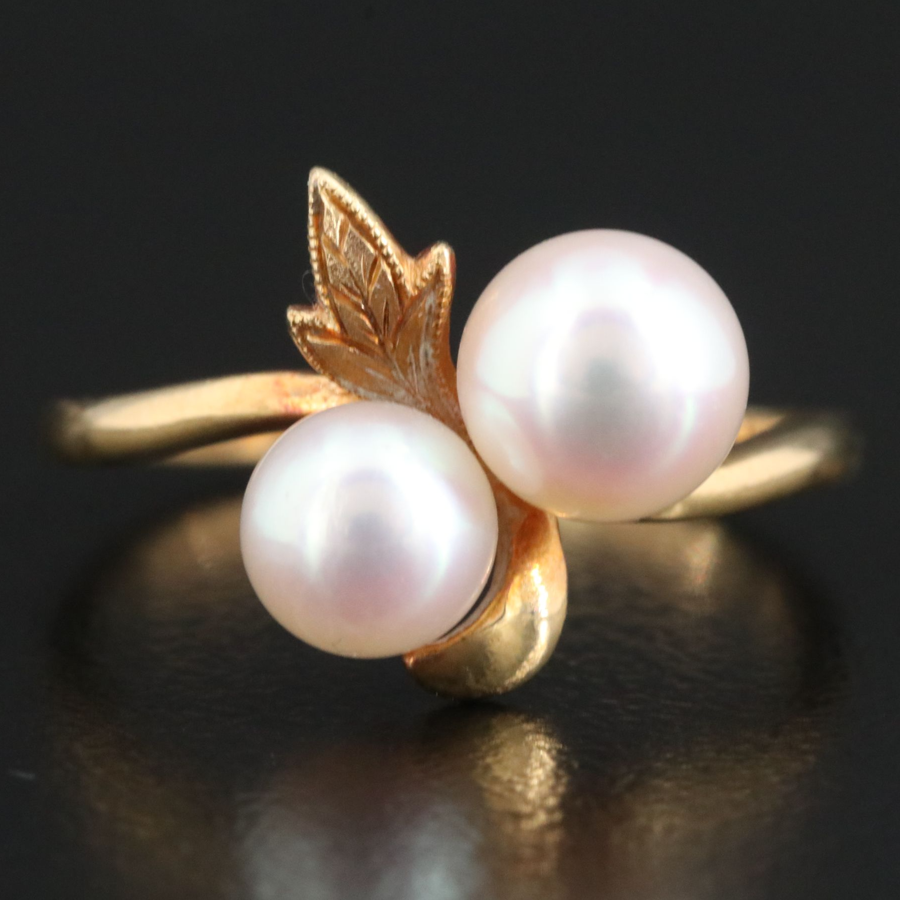 Mikimoto 18K Double Pearl Ring in a Foliate Setting