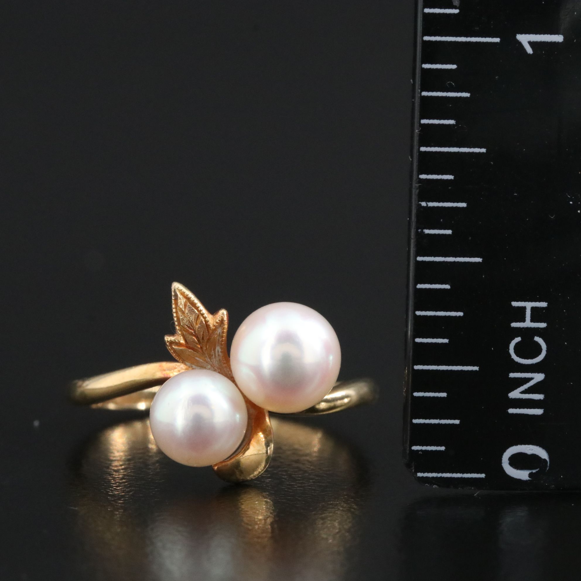 Mikimoto 18K Double Pearl Ring in a Foliate Setting