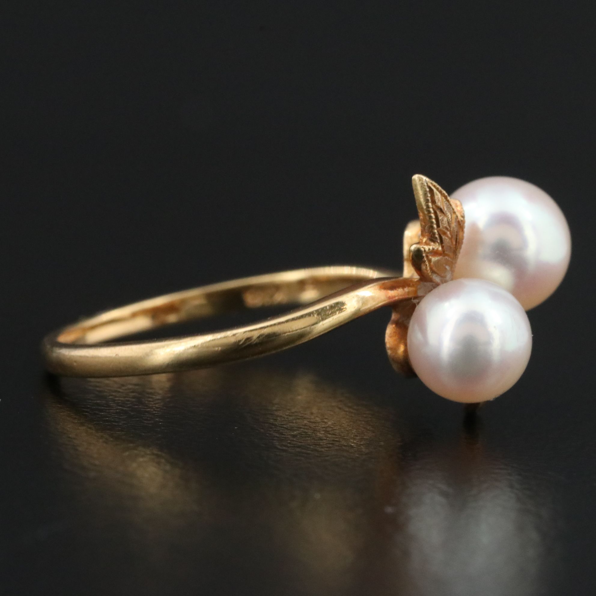 Mikimoto 18K Double Pearl Ring in a Foliate Setting