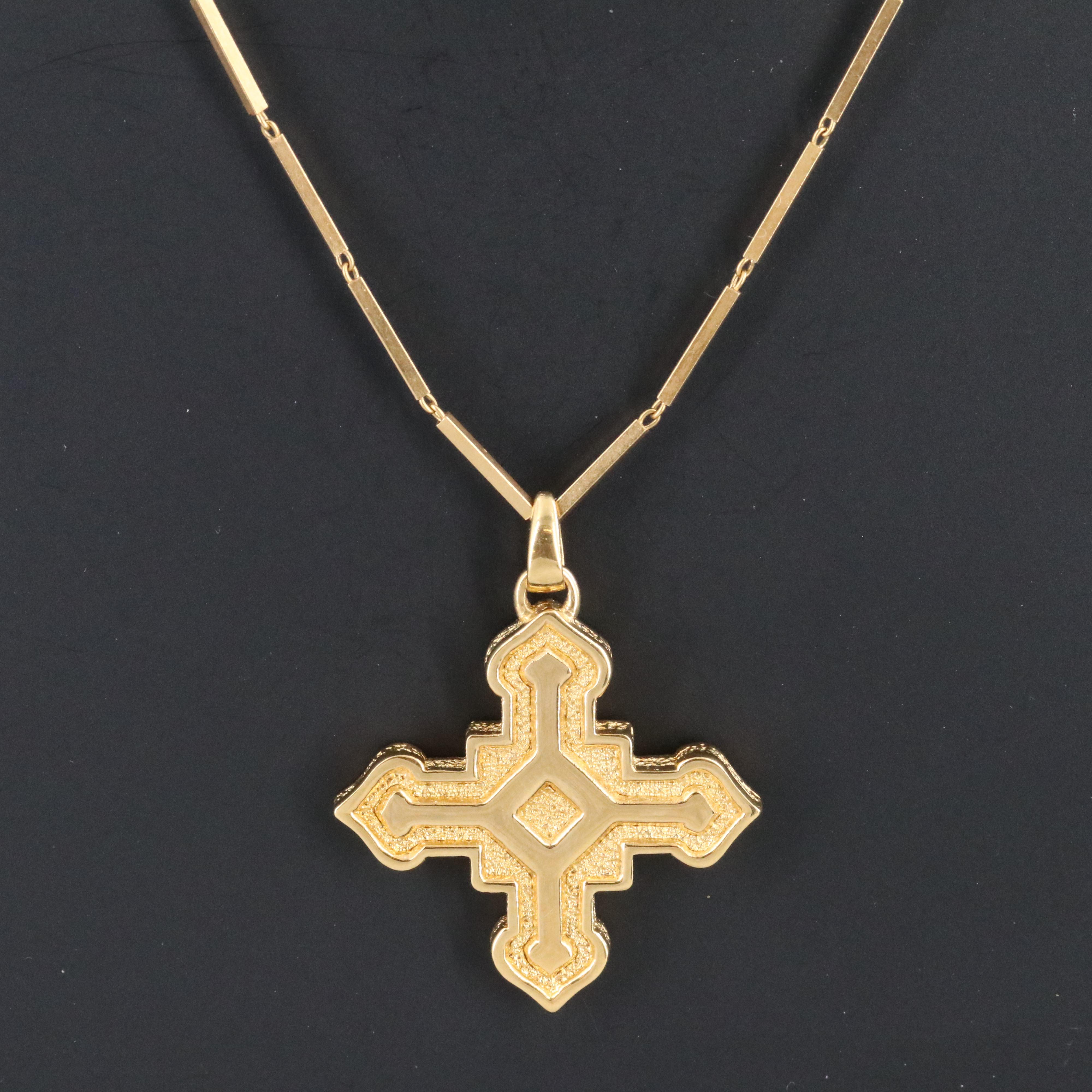 18K Bar Chain with Italian Milor 14K Electroform Cross Pendant