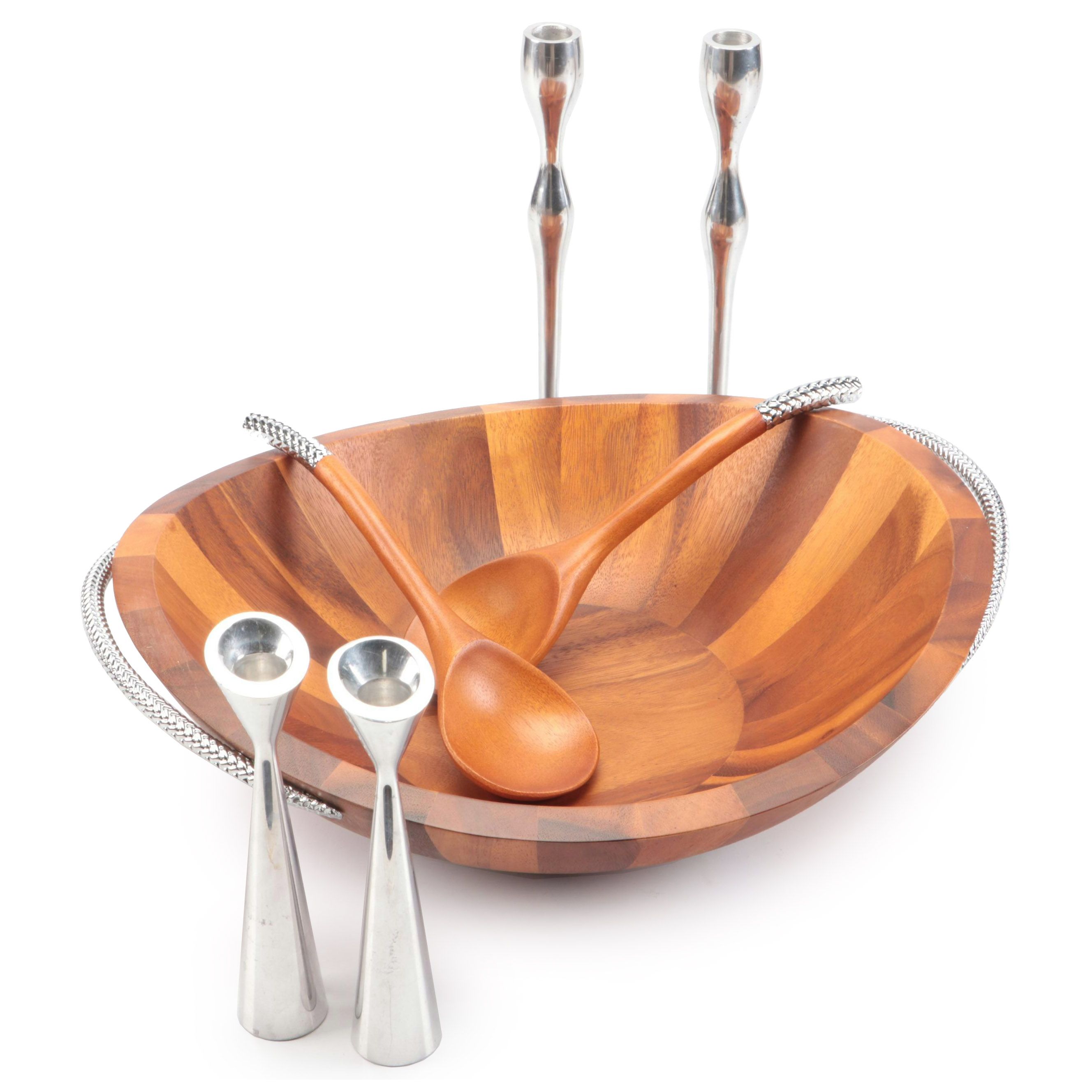 Nambé Studio Stainless Steel Candle Holders, Nambé Wood Bowl, and More Tableware