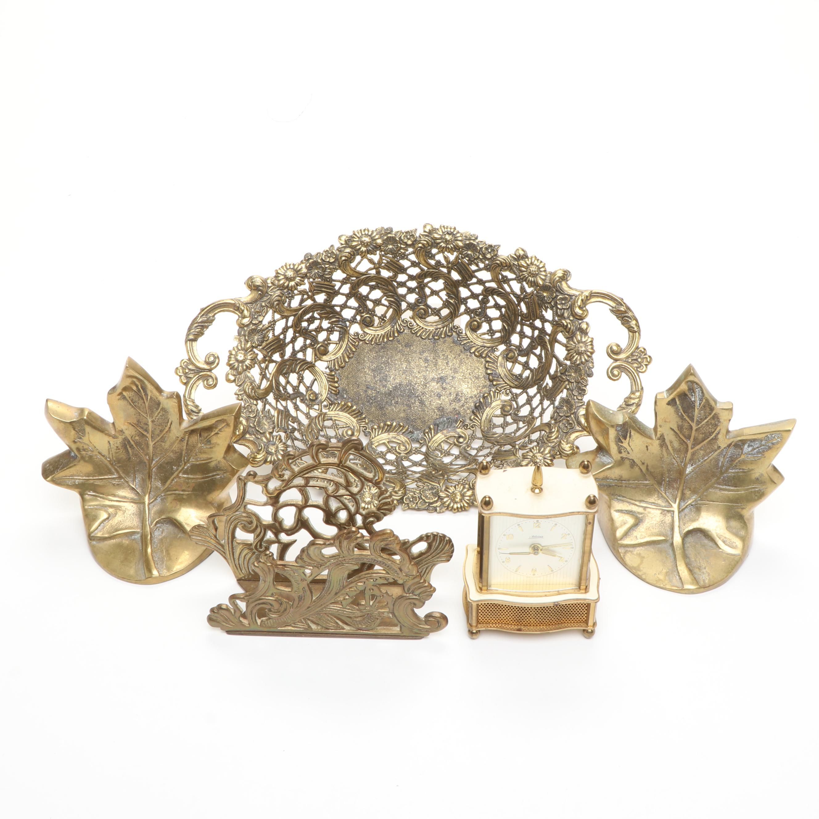 Vintage Leaf Shaped Bookends with Other Brass Letter Holder and Other Decor