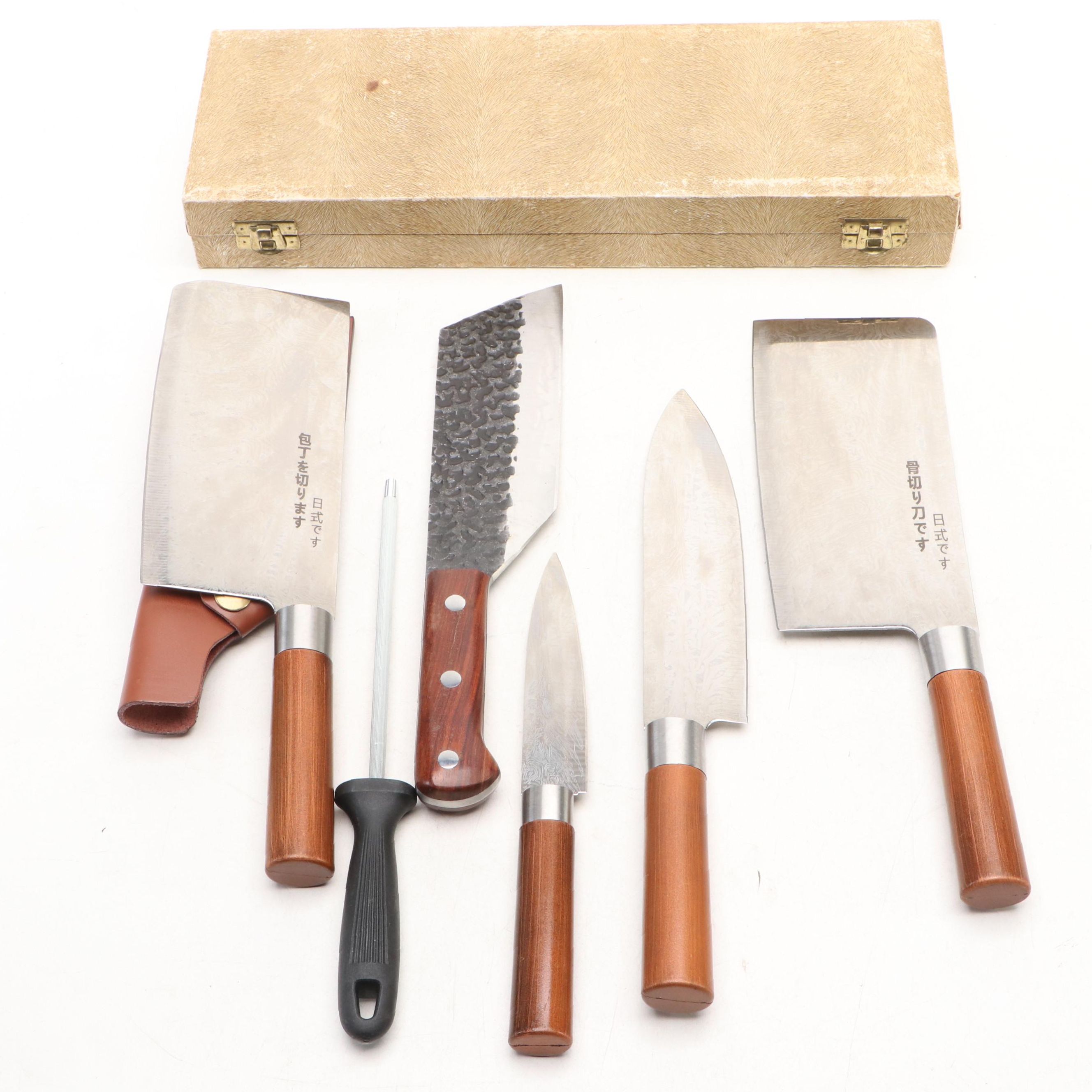 Japanese Style Etched Stainless Steel and Other Chef's Knife in Case